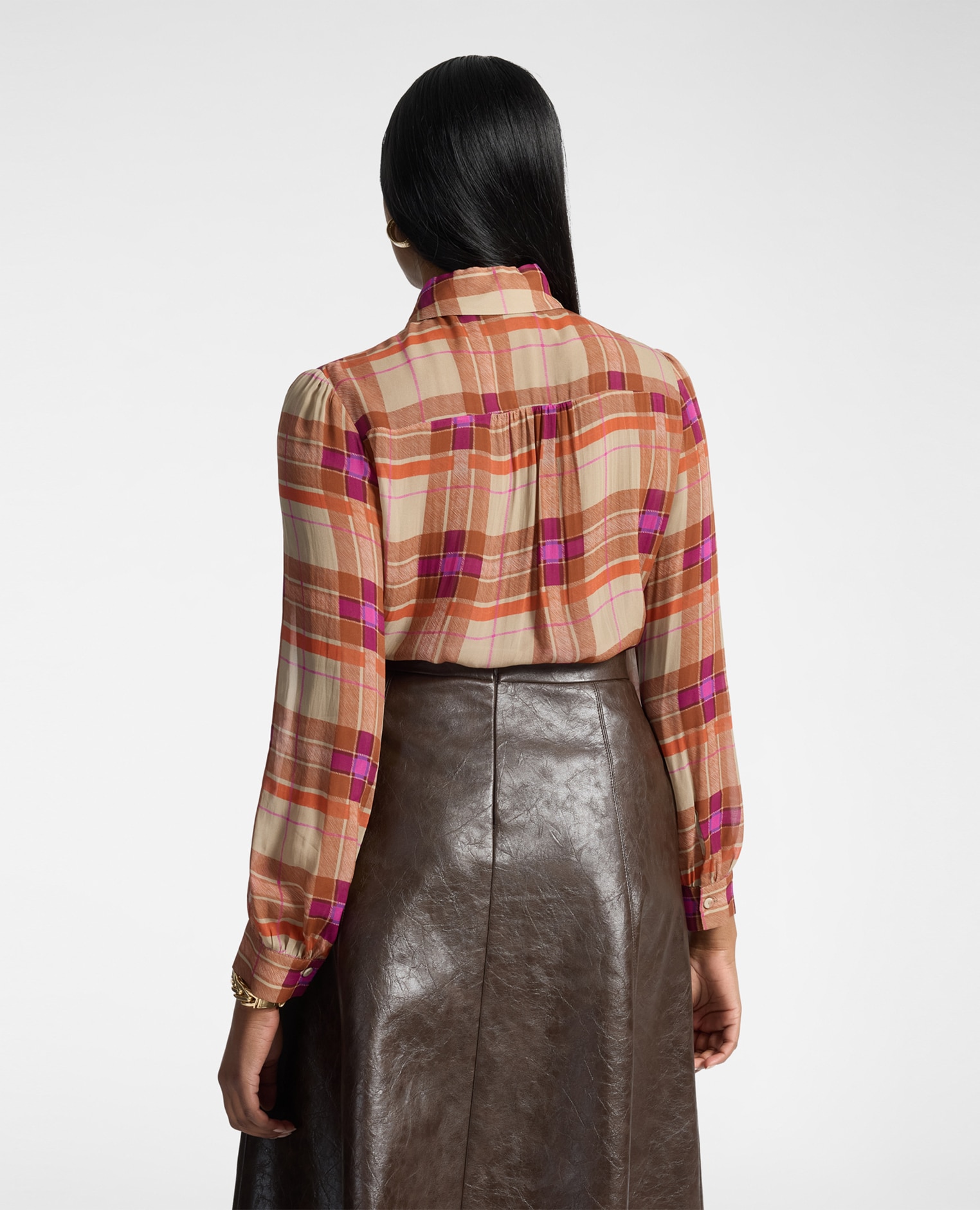 Camisa de mujer de georgette estampada con fajín ajuste regular cierre con botones - Elena Miró - Marrón Marrón-2