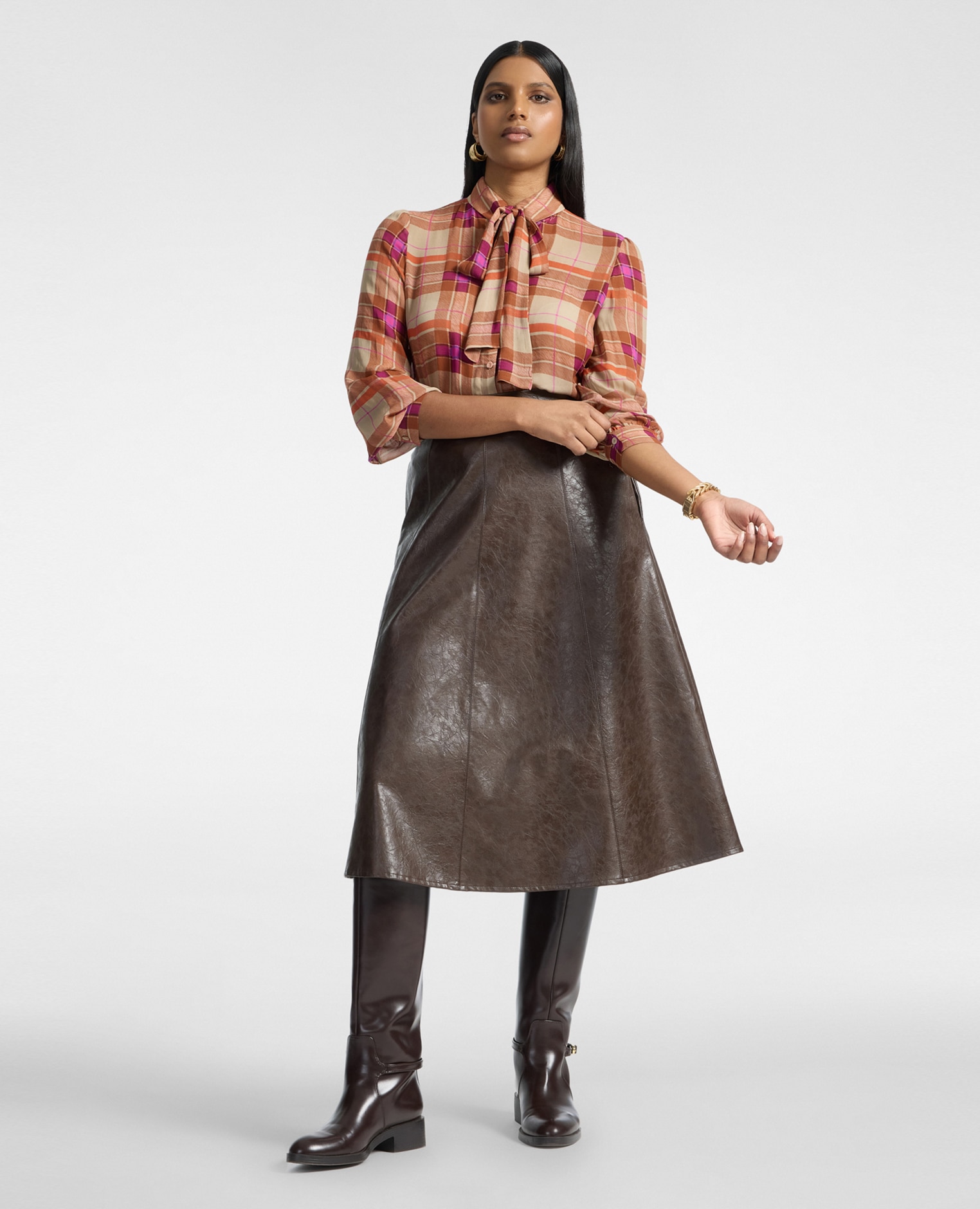 Camisa de mujer de georgette estampada con fajín ajuste regular cierre con botones - Elena Miró - Marrón Marrón-3