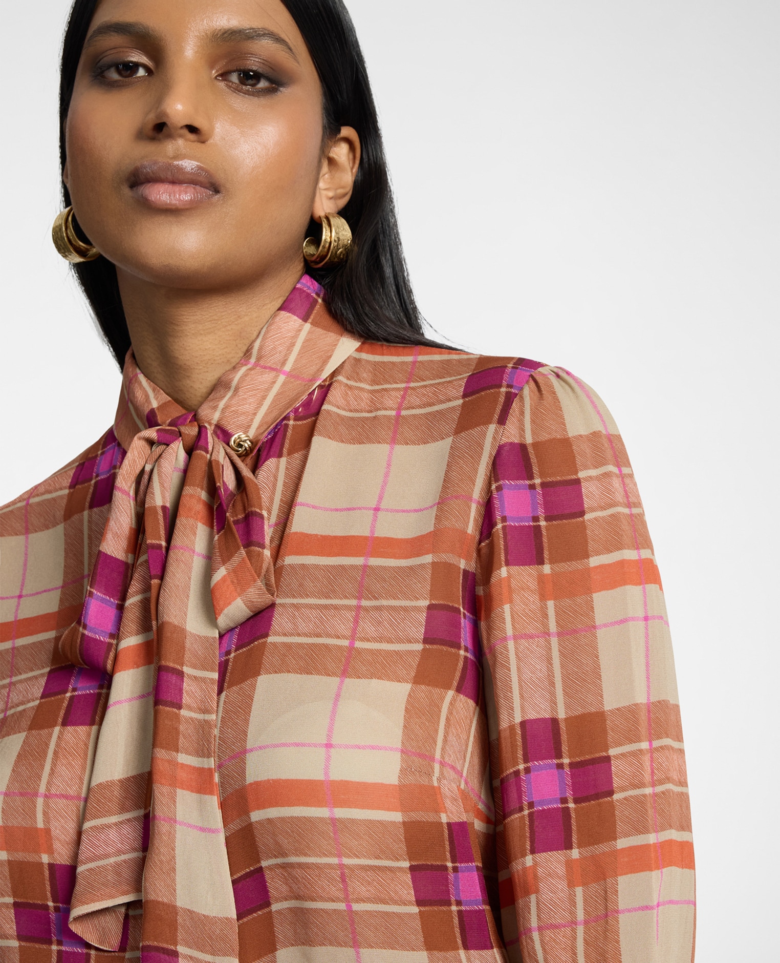 Camisa de mujer de georgette estampada con fajín ajuste regular cierre con botones - Elena Miró - Marrón Marrón-4