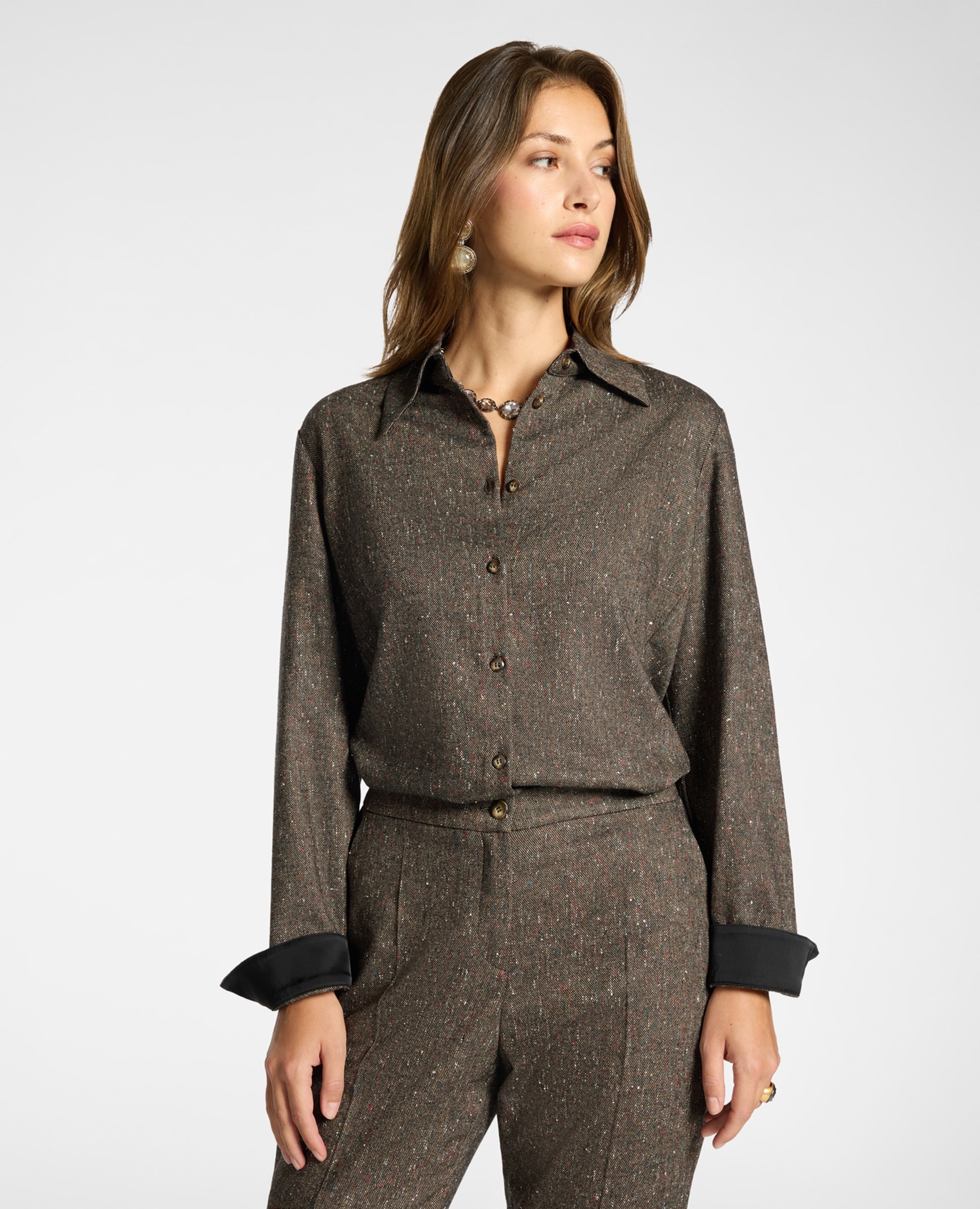 Camisa de mujer de lana flameada mixta cuello clásico mangas largas - Elena Miró - Marrón Marrón-1
