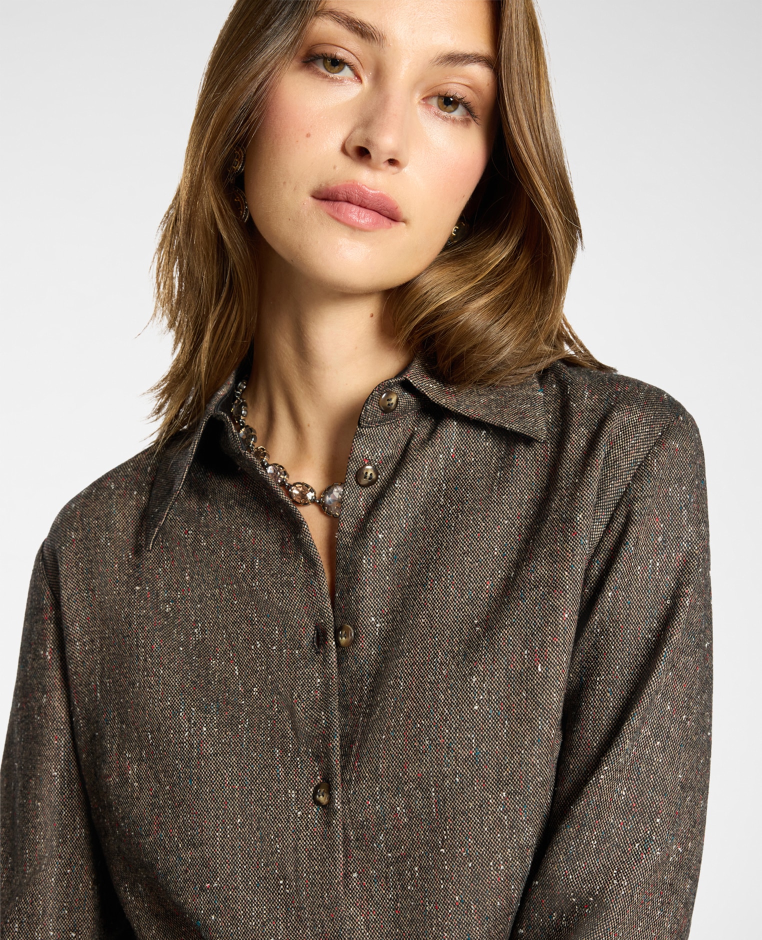 Camisa de mujer de lana flameada mixta cuello clásico mangas largas - Elena Miró - Marrón Marrón-4
