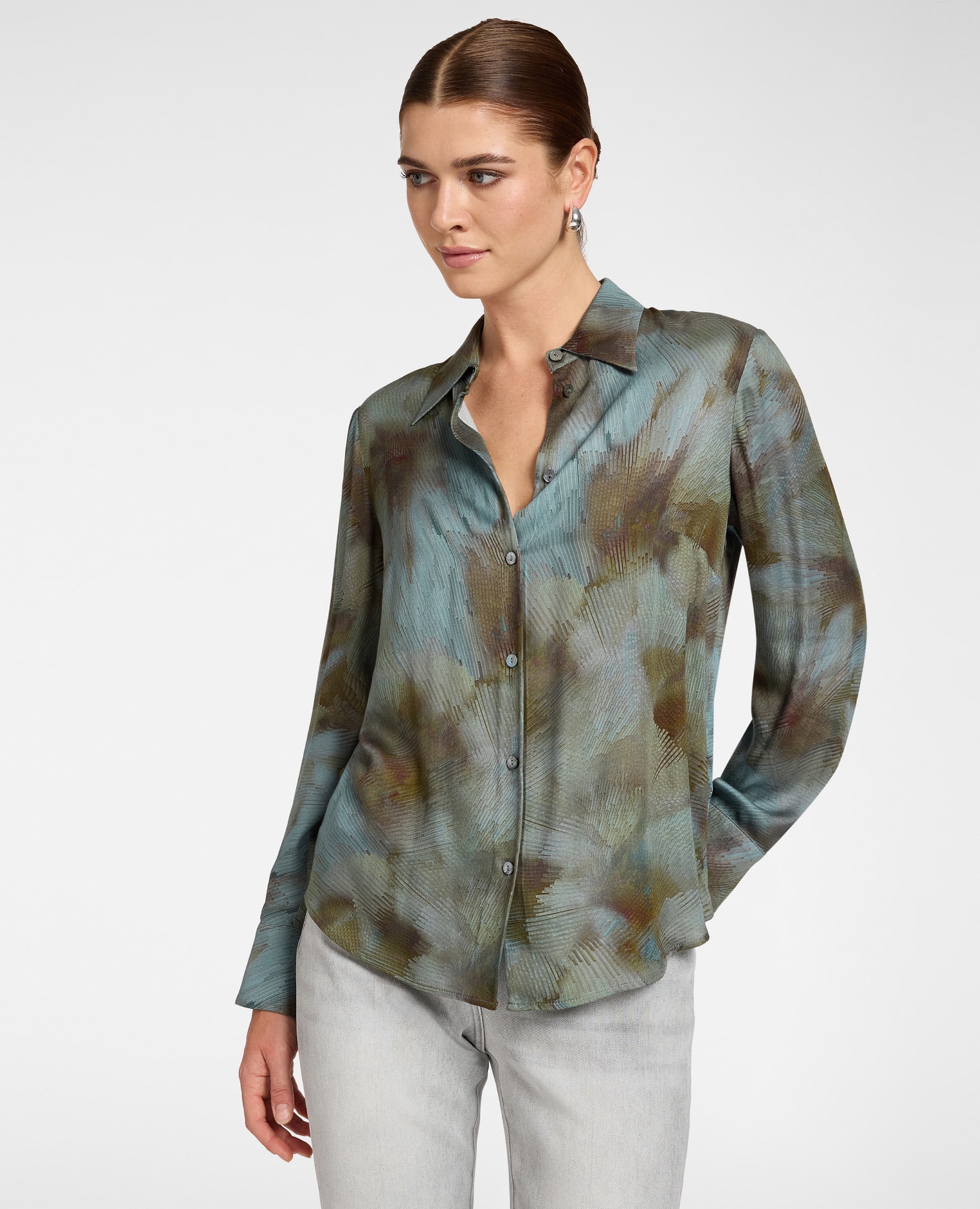 Camisa de mujer de viscosa estampada ajuste regular cierre con botones - Elena Miró - Azul claro Azul claro-1
