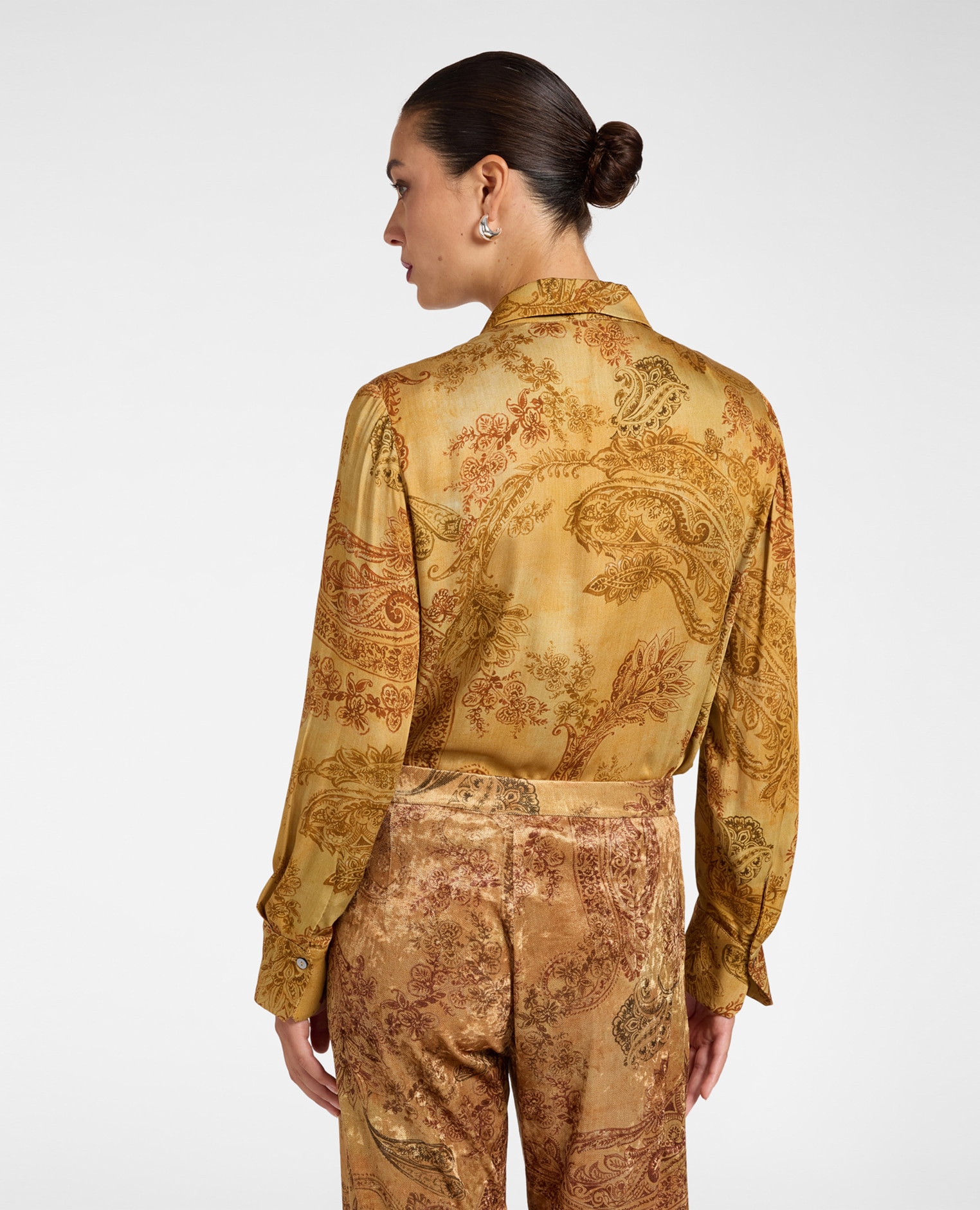 Camisa de mujer de satén con estampado de cachemira ajuste regular cierre frontal con botones - Elena Miró - Oro Oro-2