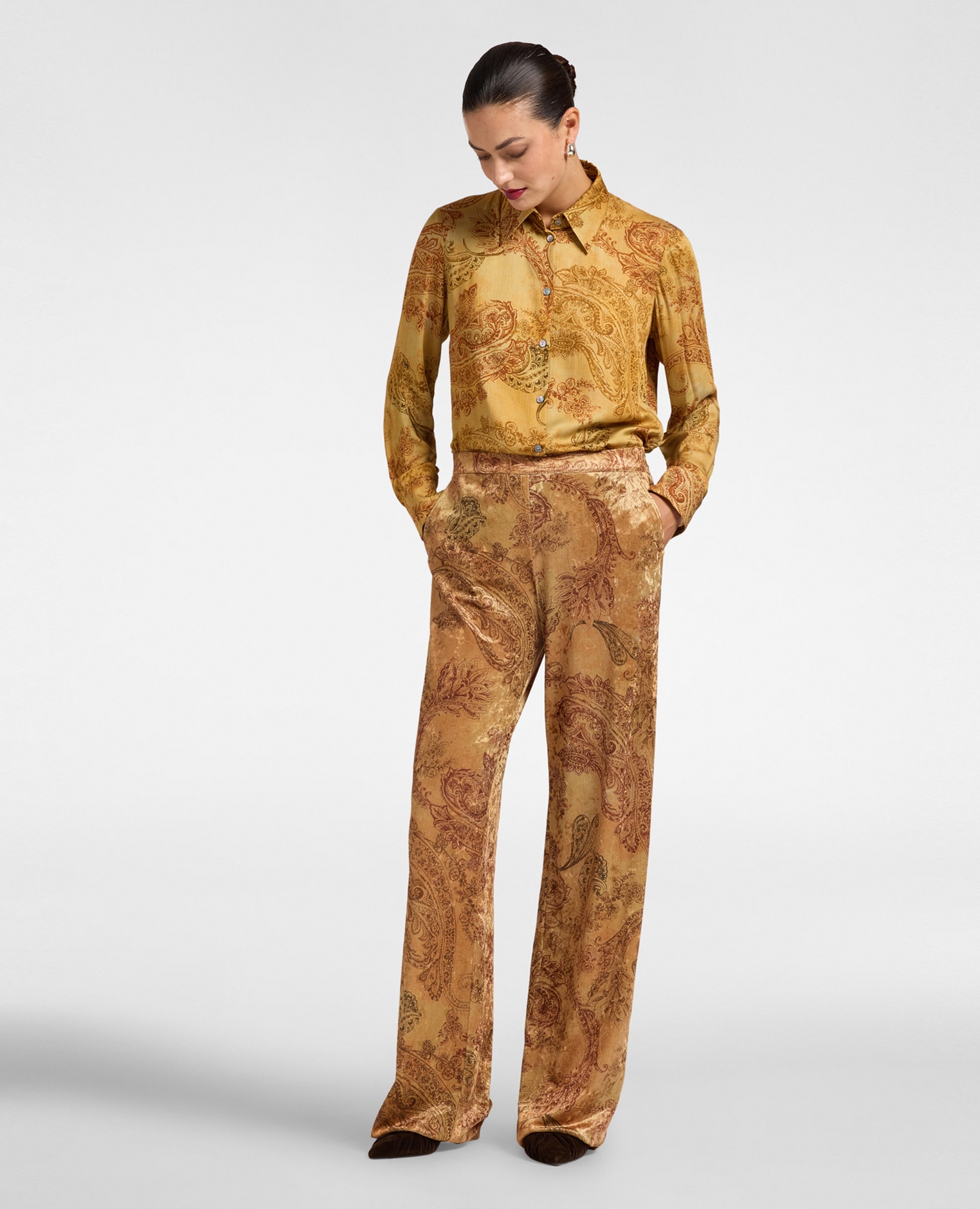 Camisa de mujer de satén con estampado de cachemira ajuste regular cierre frontal con botones - Elena Miró - Oro Oro-3