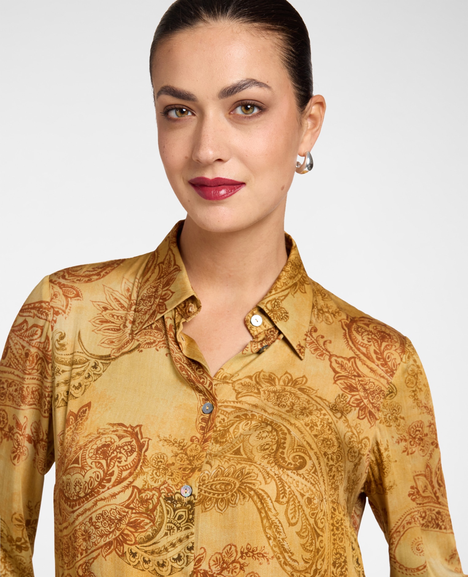 Camisa de mujer de satén con estampado de cachemira ajuste regular cierre frontal con botones - Elena Miró - Oro Oro-4