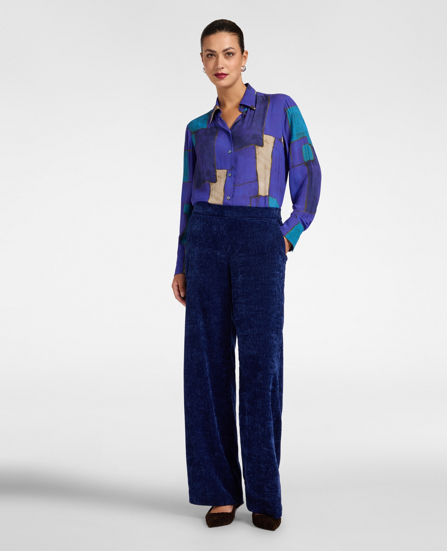 Camisa de mujer estampada en crepé de china ajuste regular cierre con botones delanteros - Elena Miró - Azul Azul-3