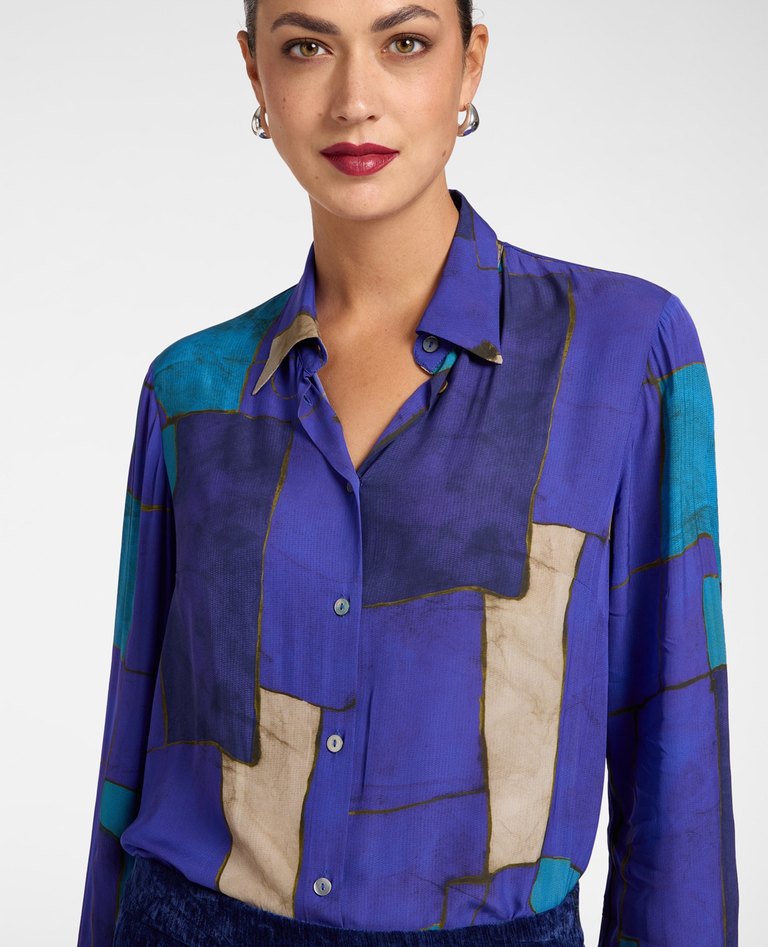 Camisa de mujer estampada en crepé de china ajuste regular cierre con botones delanteros - Elena Miró - Azul Azul-4