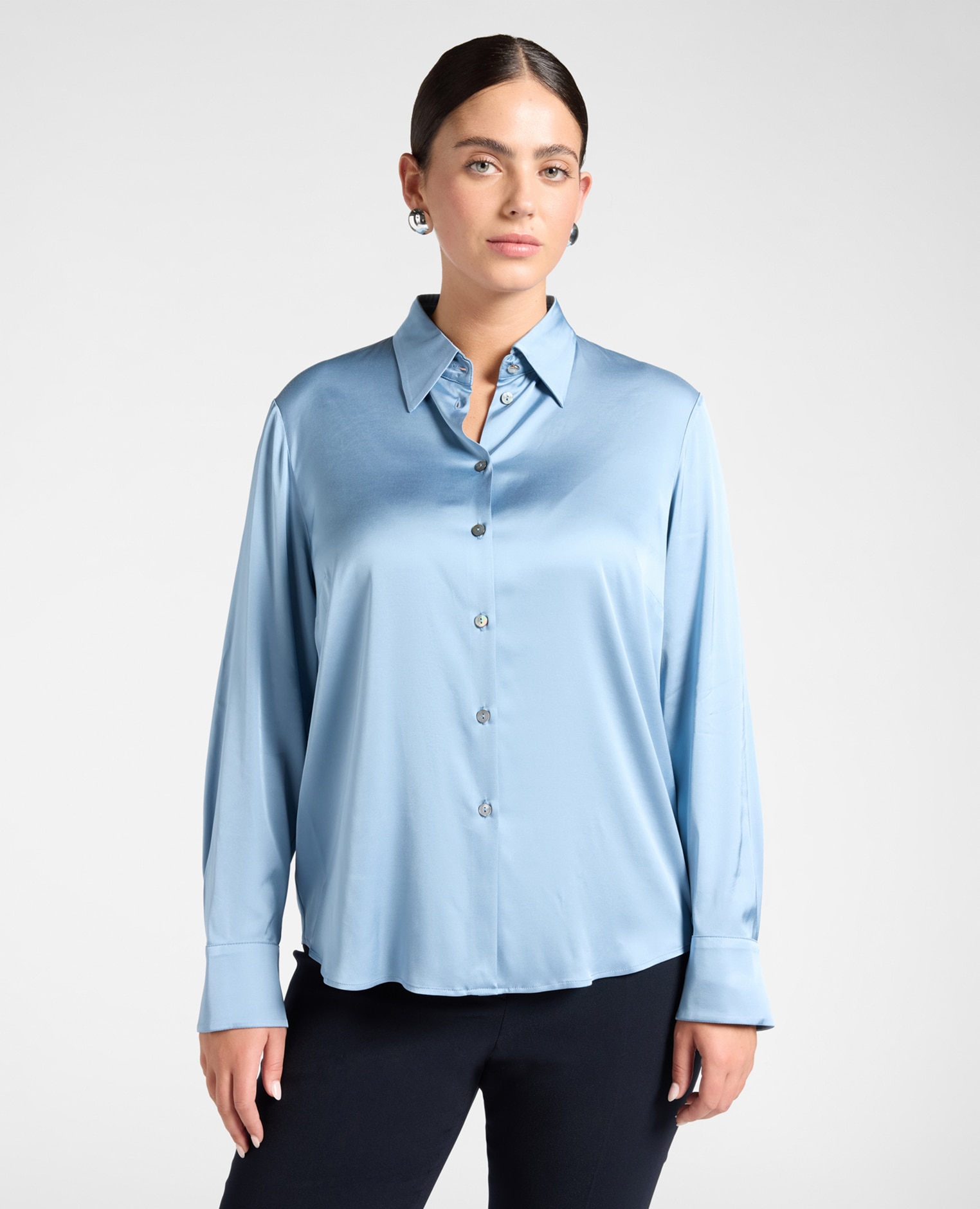 Camisa de mujer en raso de viscosa elástico ajuste regular cierre frontal con botones - Elena Miró - Azul claro Azul claro-1