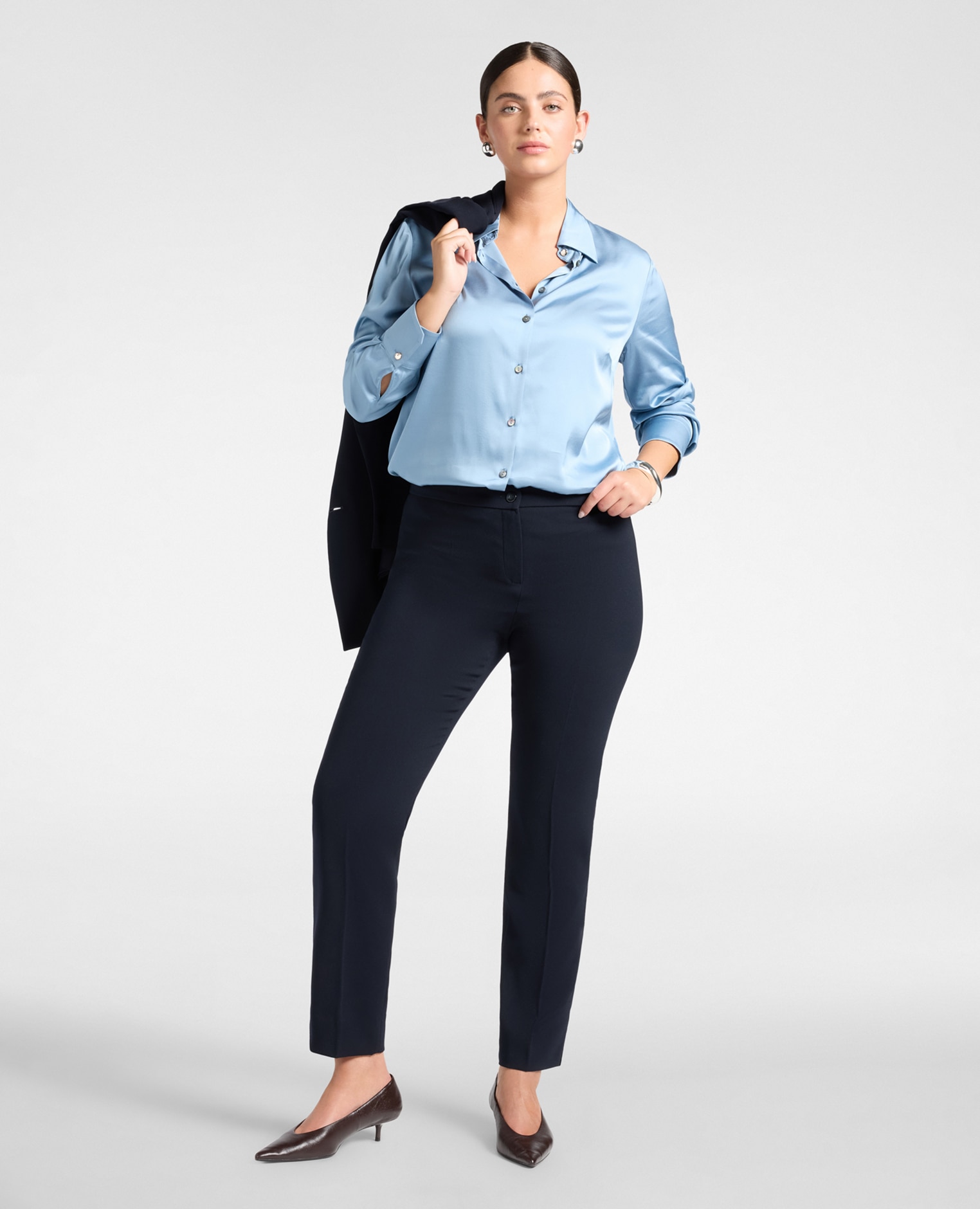 Camisa de mujer en raso de viscosa elástico ajuste regular cierre frontal con botones - Elena Miró - Azul claro Azul claro-3