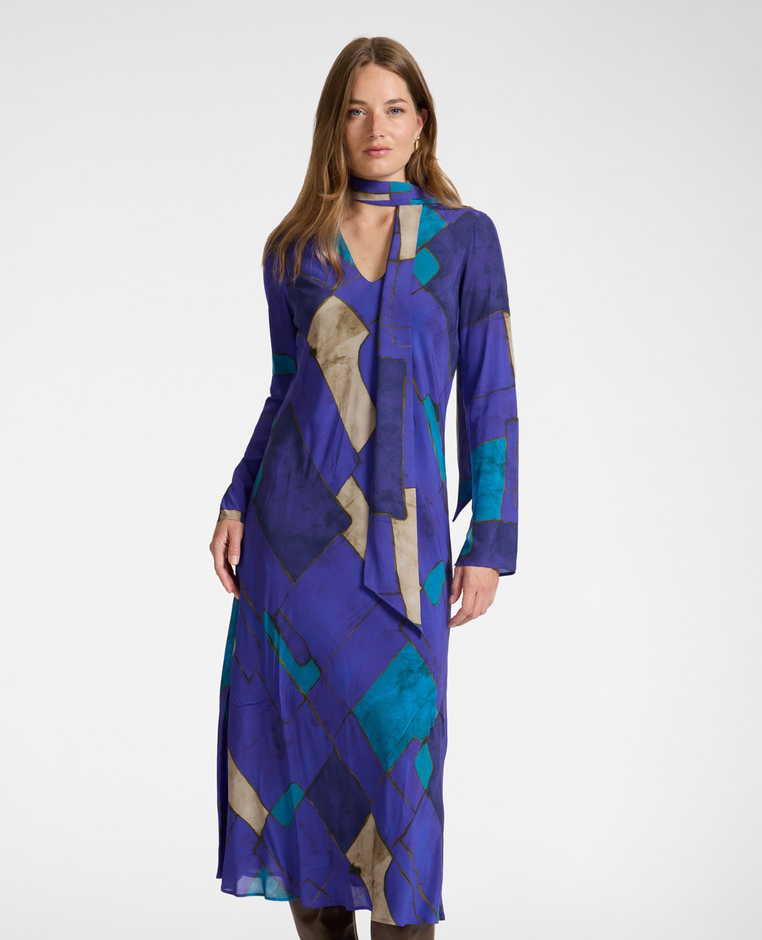 Imagen 3 de Vestido largo de viscosa estampado con lazo largo maxi - Elena Miró - Azul Azul