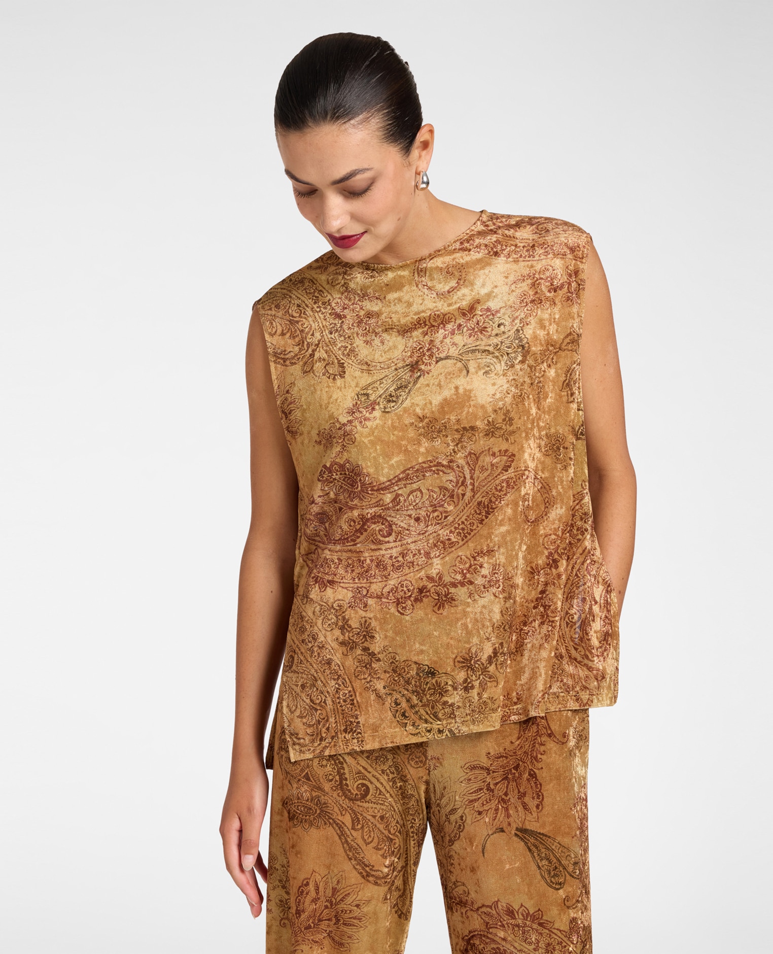 Top de mujer de terciopelo laminado estampado escote barco - Elena Miró - Oro Oro-1