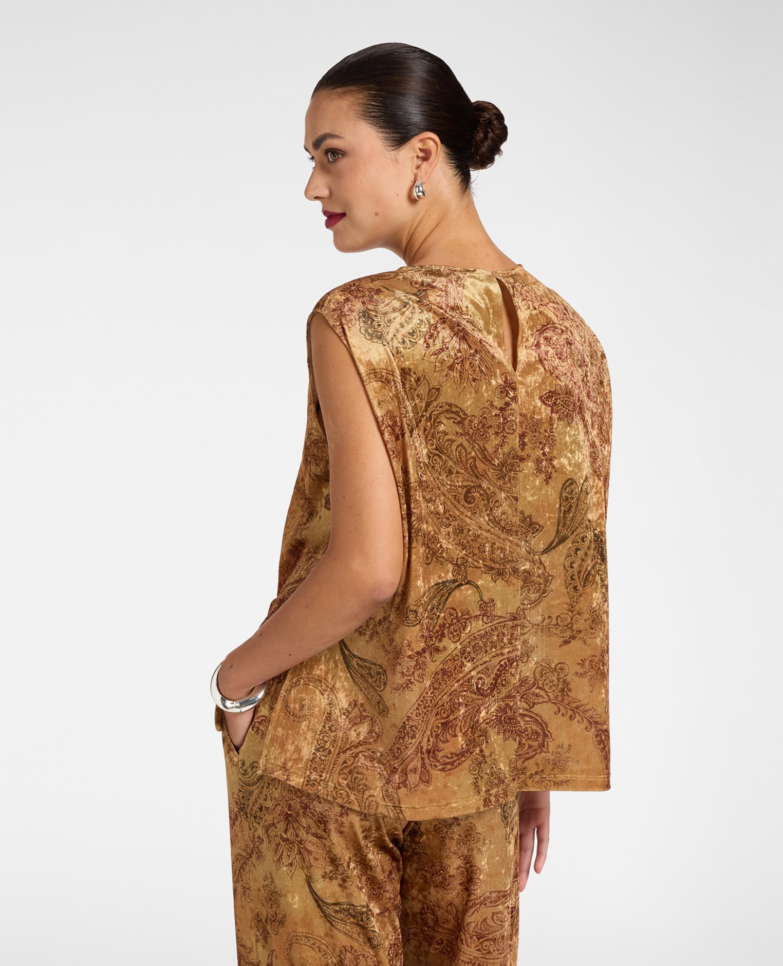 Top de mujer de terciopelo laminado estampado escote barco - Elena Miró - Oro Oro-2