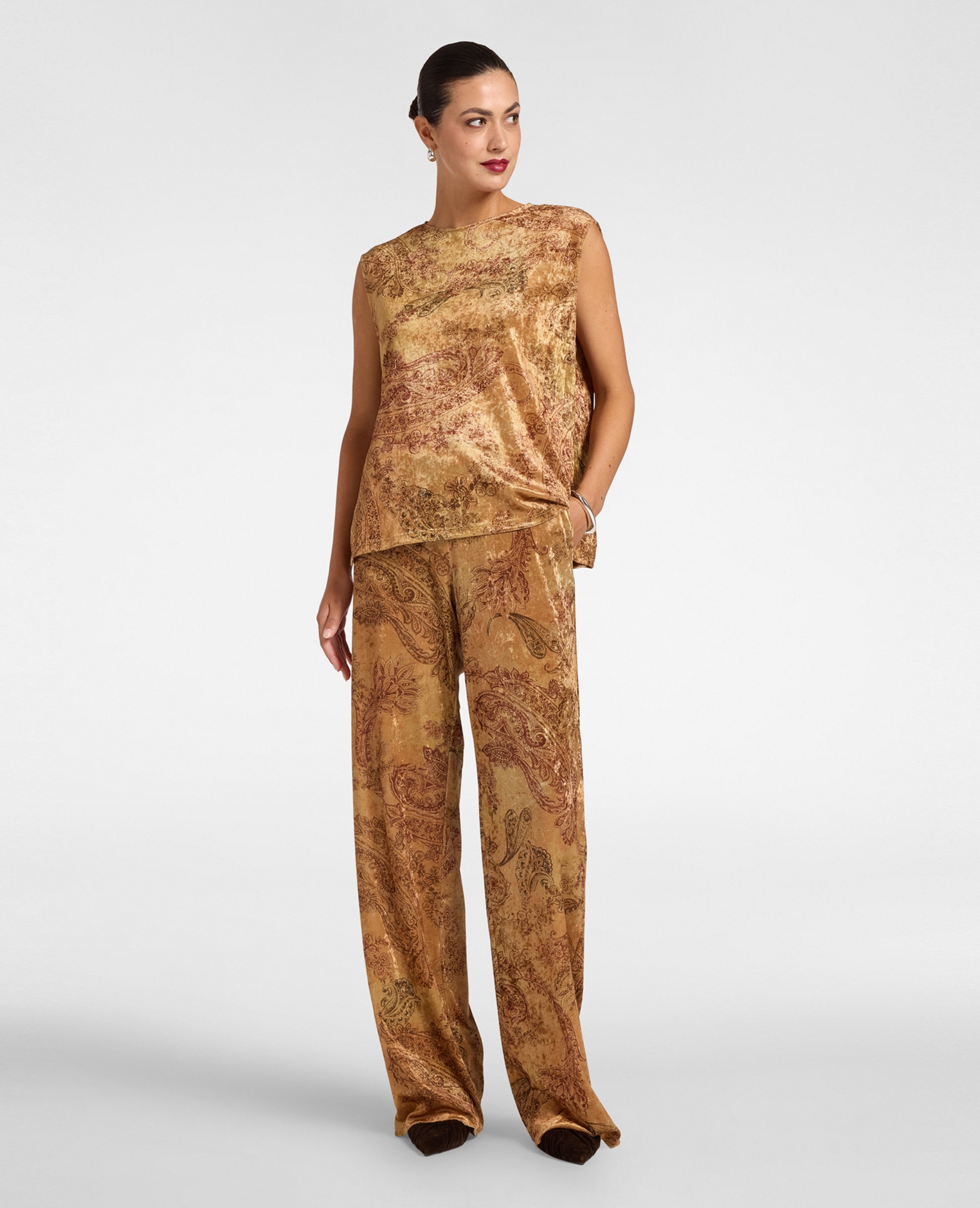 Top de mujer de terciopelo laminado estampado escote barco - Elena Miró - Oro Oro-3