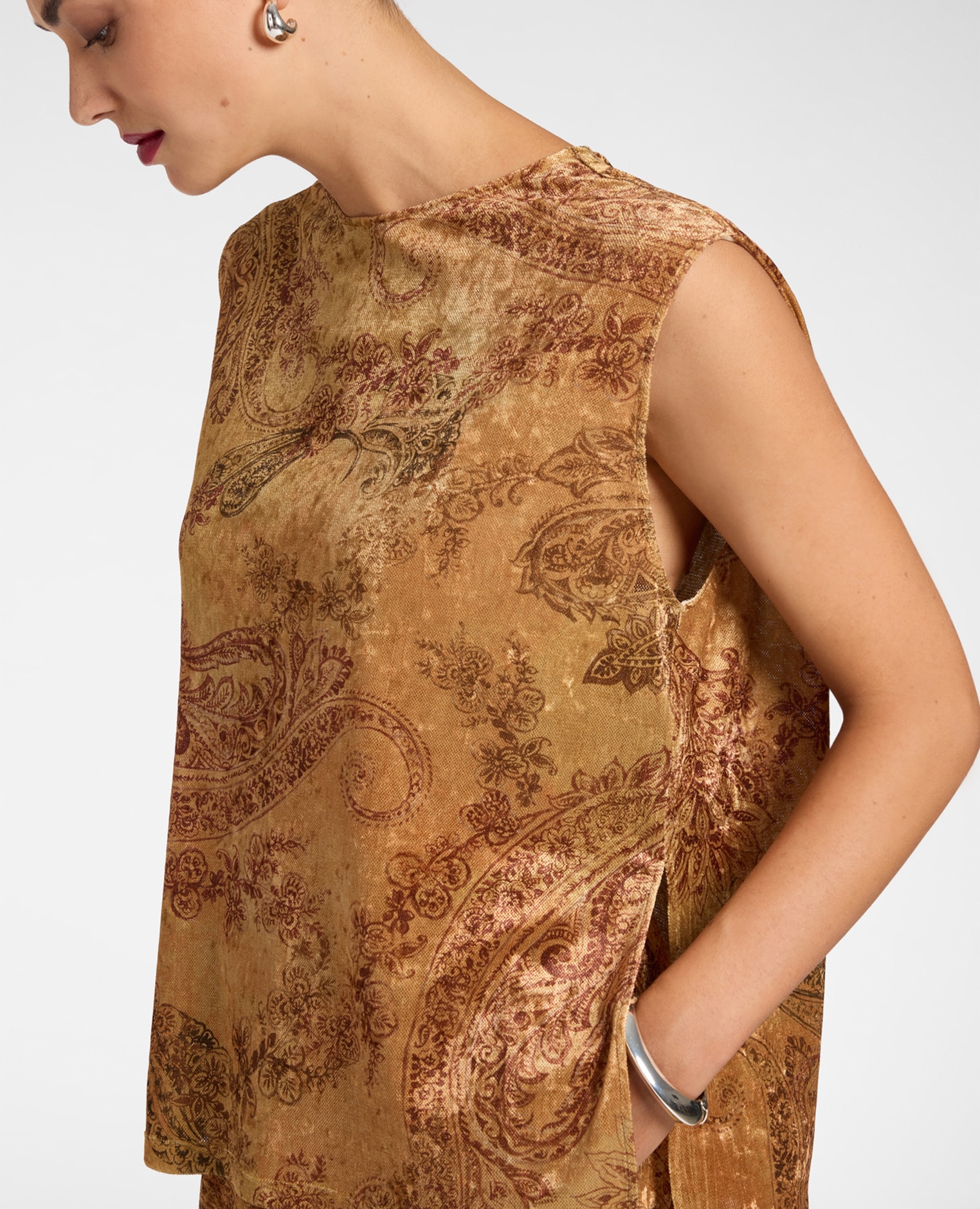 Top de mujer de terciopelo laminado estampado escote barco - Elena Miró - Oro Oro-4