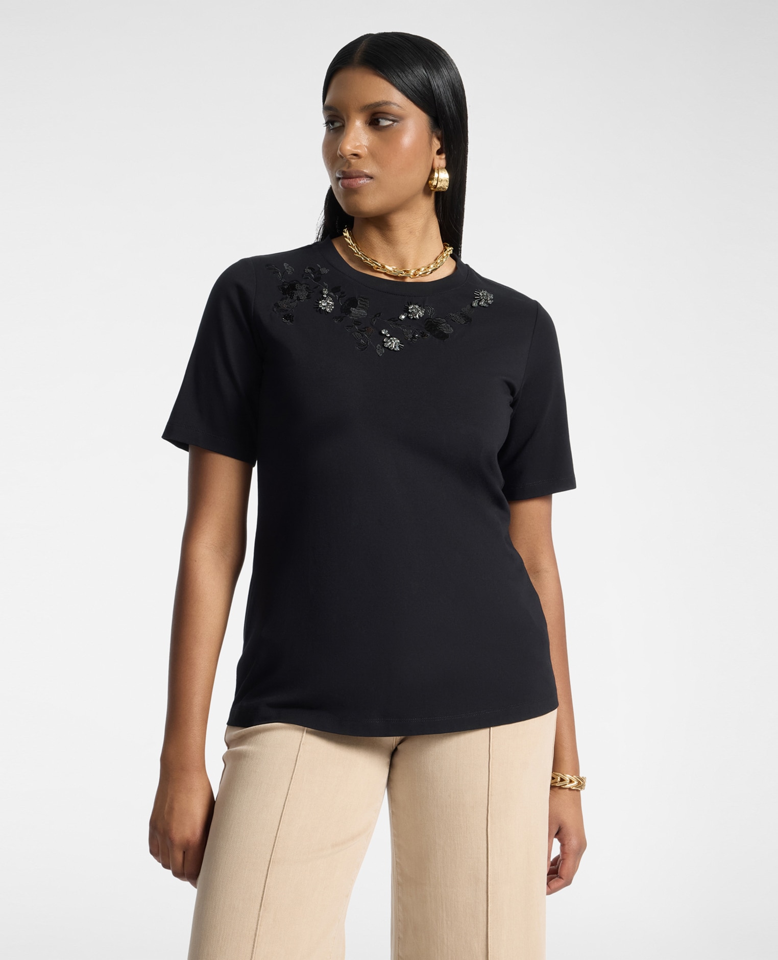 Camiseta de mujer con bordado floral y estrás ajuste regular - Elena Miró - Negro Negro-1