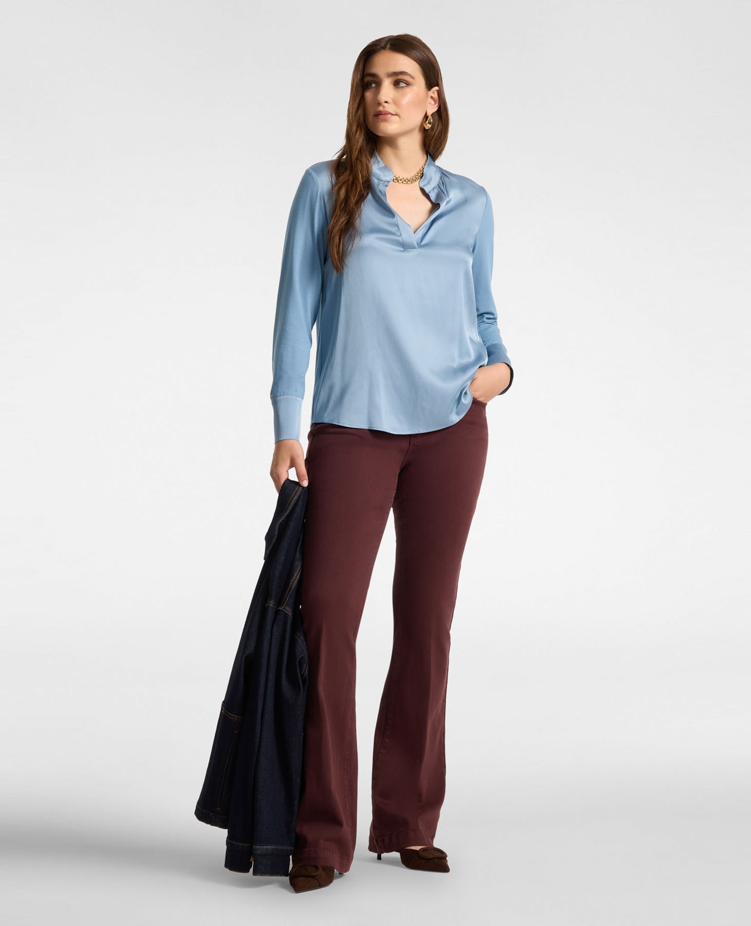 Camiseta de mujer de viscosa con cuello mao ajuste regular abertura delantera con botones - Elena Miró - Azul claro Azul claro-3