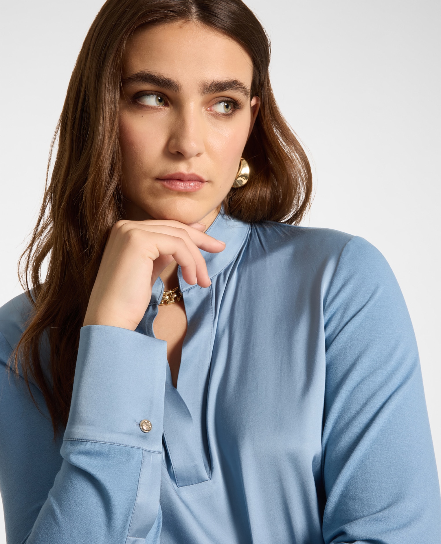 Camiseta de mujer de viscosa con cuello mao ajuste regular abertura delantera con botones - Elena Miró - Azul claro Azul claro-4