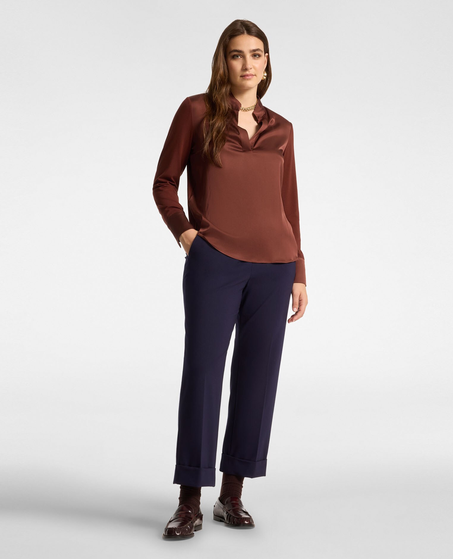 Camiseta de mujer de viscosa con cuello mao ajuste regular abertura delantera con botones - Elena Miró - Marrón Marrón-3