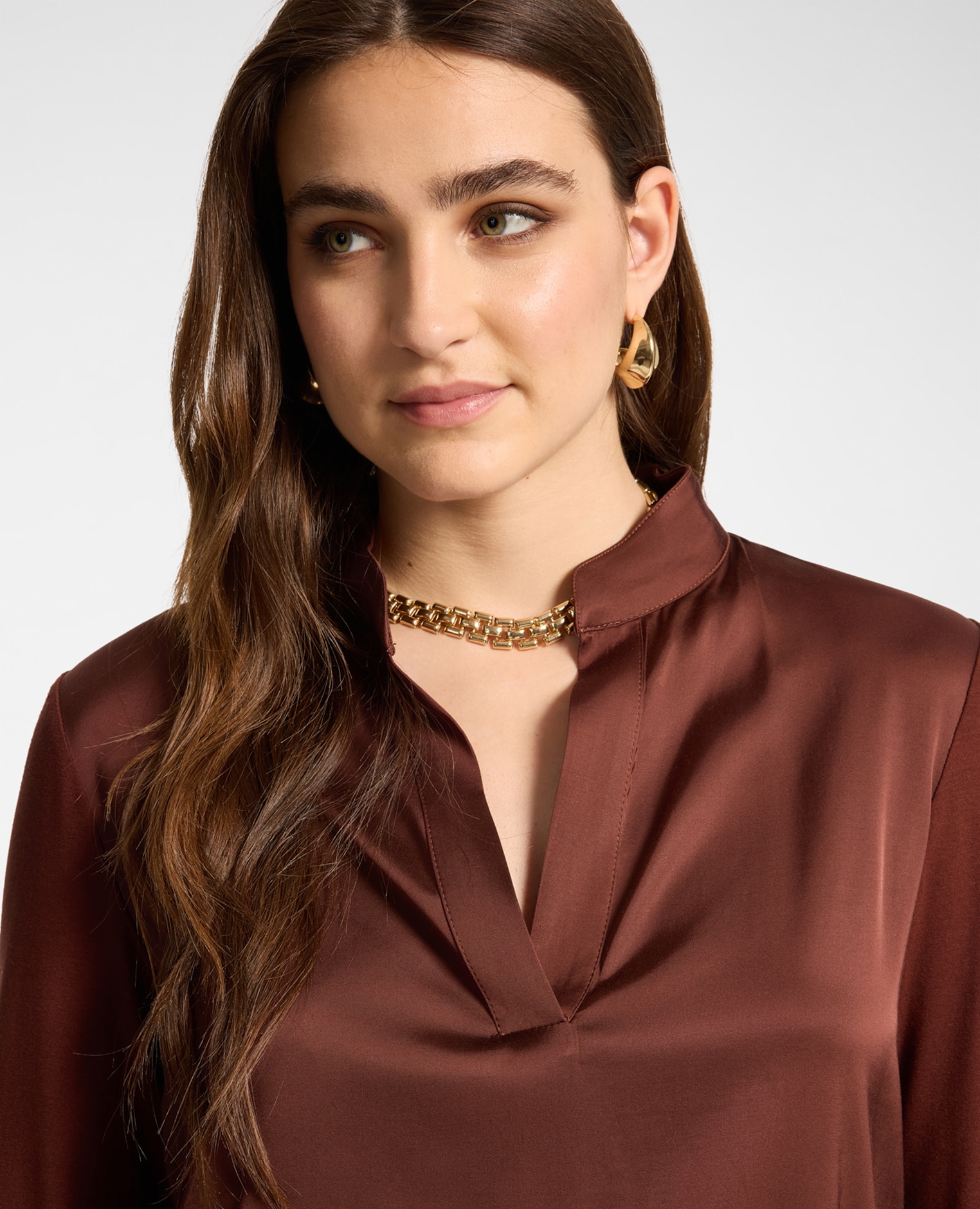 Camiseta de mujer de viscosa con cuello mao ajuste regular abertura delantera con botones - Elena Miró - Marrón Marrón-4