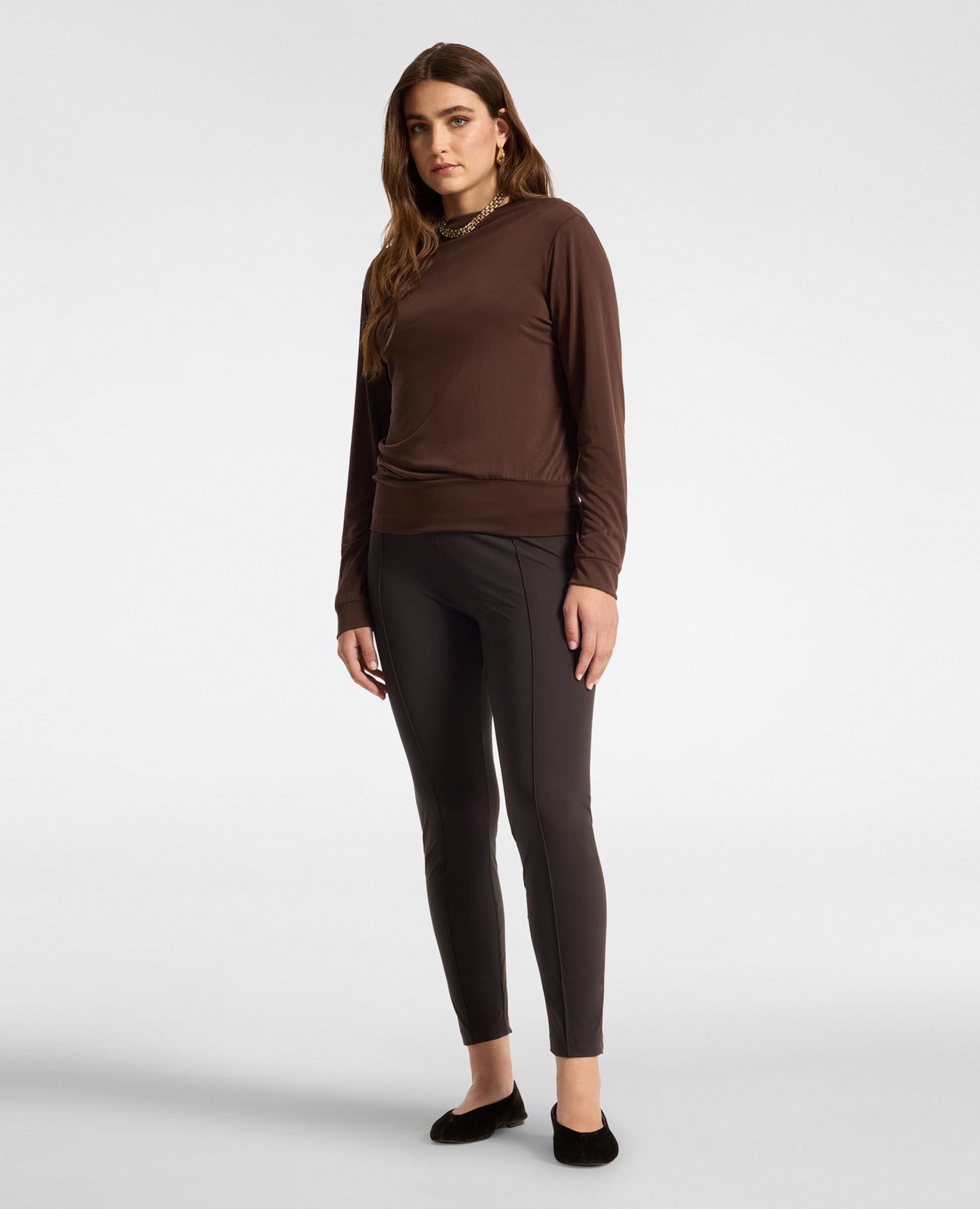 Leggings de mujer de punto jersey ajuste skinny ceñido banda elástica en la cintura - Elena Miró - Marrón Marrón-1