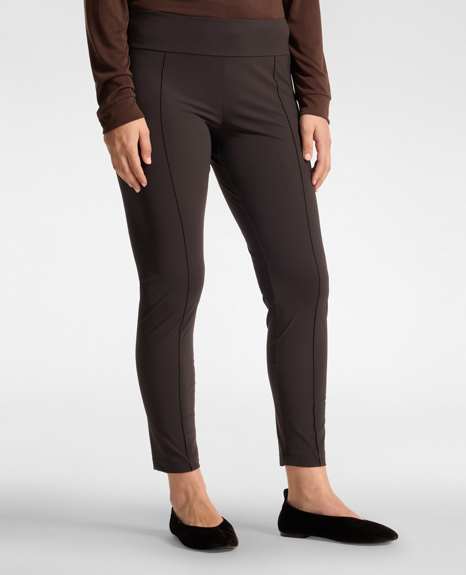Leggings de mujer de punto jersey ajuste skinny ceñido banda elástica en la cintura - Elena Miró - Marrón Marrón-3