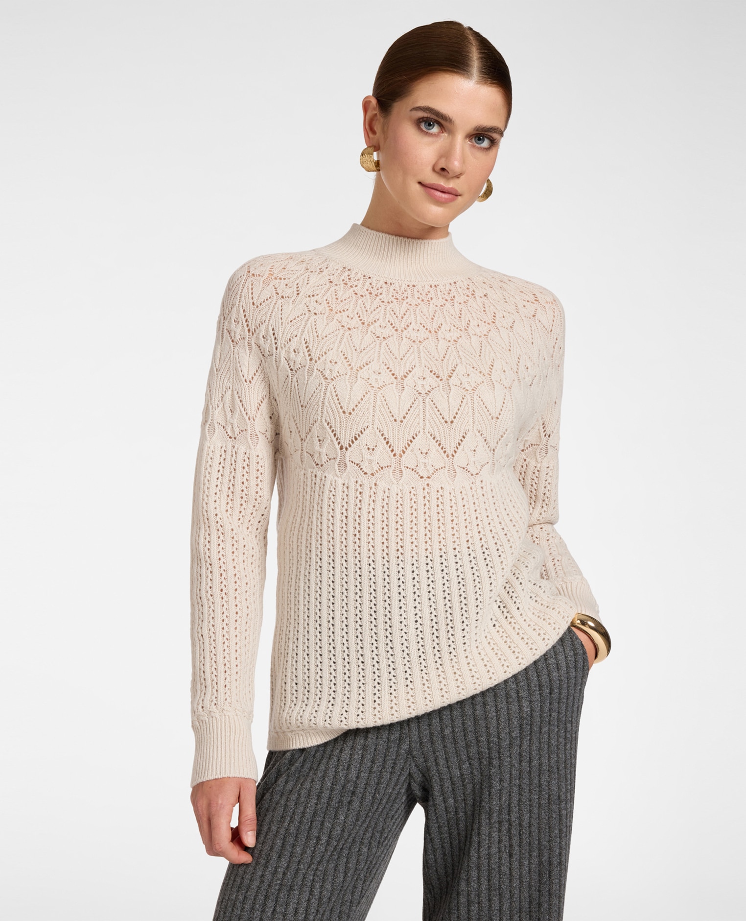 Jersey de mujer calado en pura lana ajuste regular largo medio - Elena Miró - Beige Beige-1