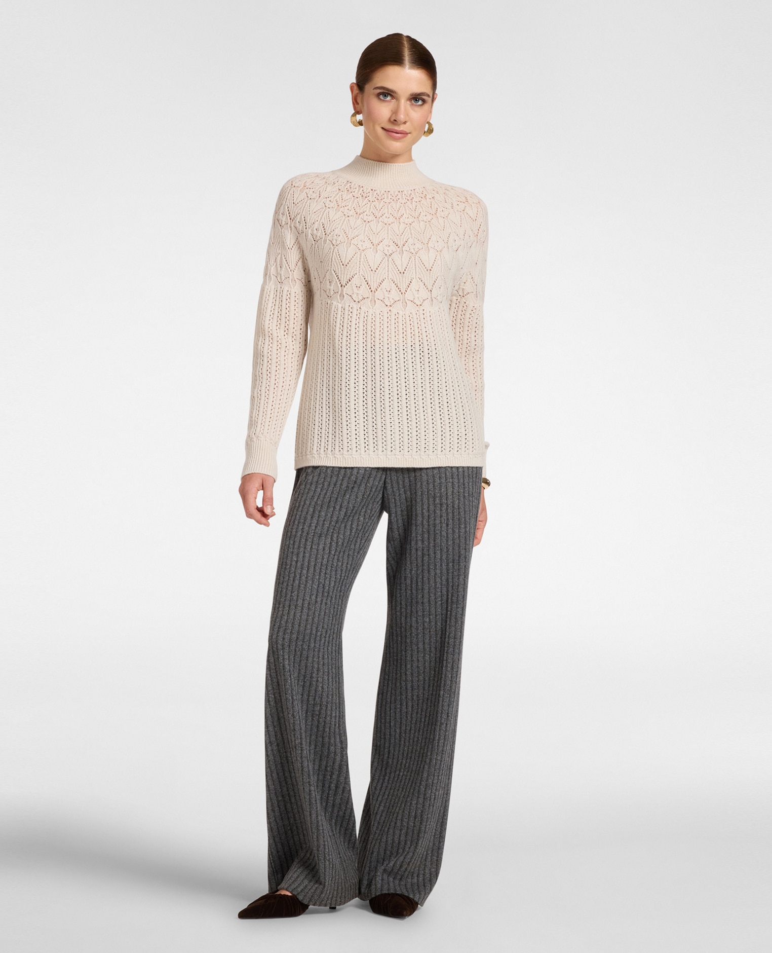 Jersey de mujer calado en pura lana ajuste regular largo medio - Elena Miró - Beige Beige-3