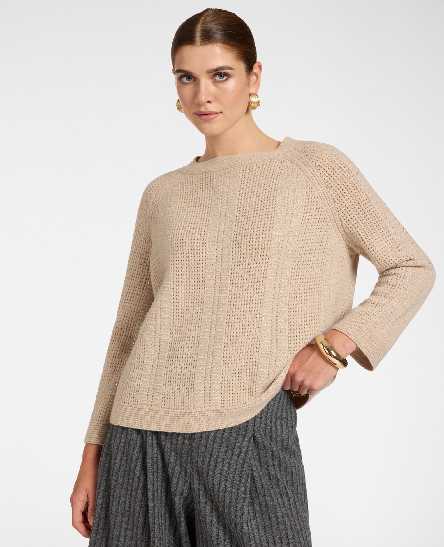 Jersey de mujer de mezcla de lana calado con cuello barco ajuste boxy largo medio - Elena Miró - Beige Beige-1