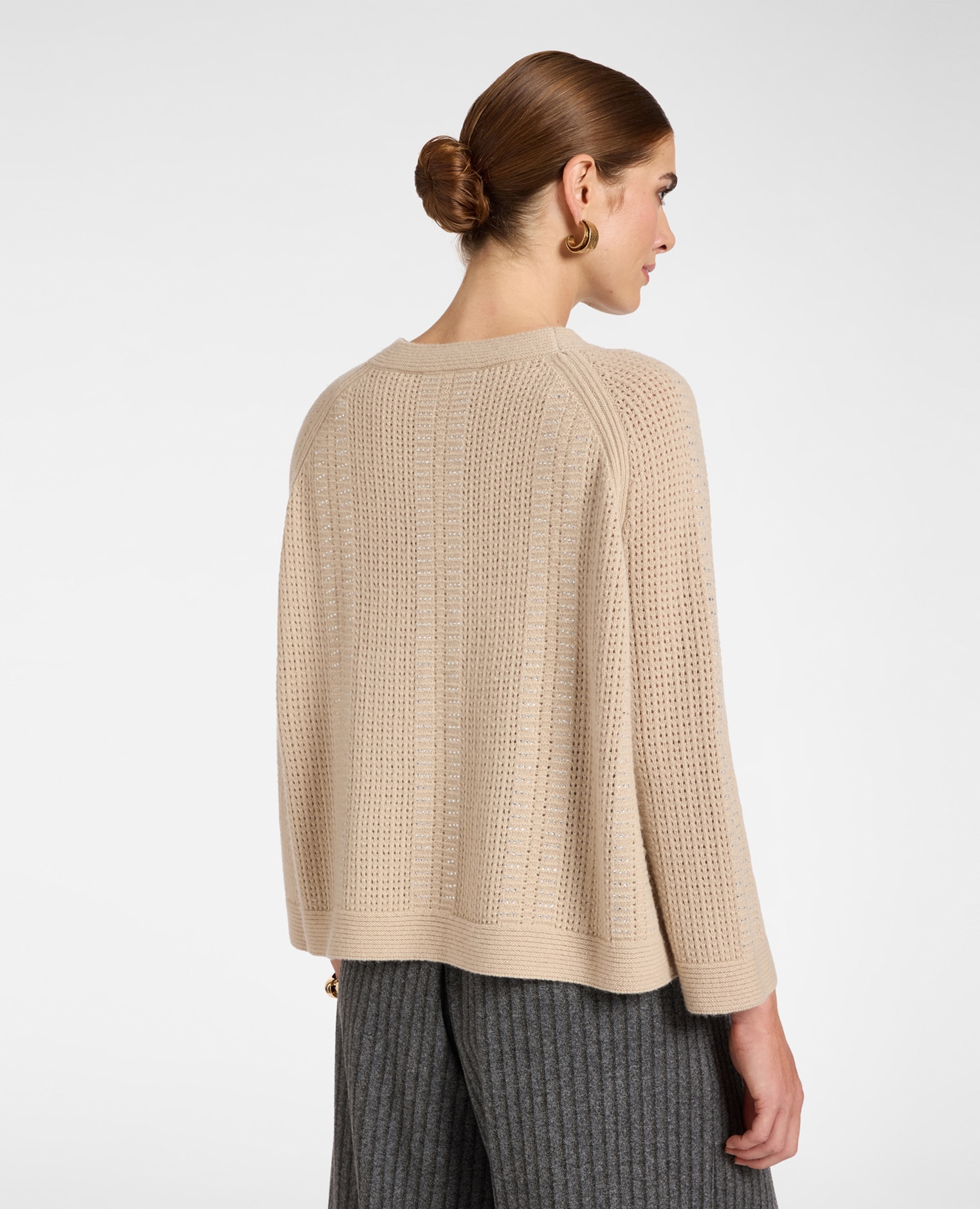 Jersey de mujer de mezcla de lana calado con cuello barco ajuste boxy largo medio - Elena Miró - Beige Beige-2