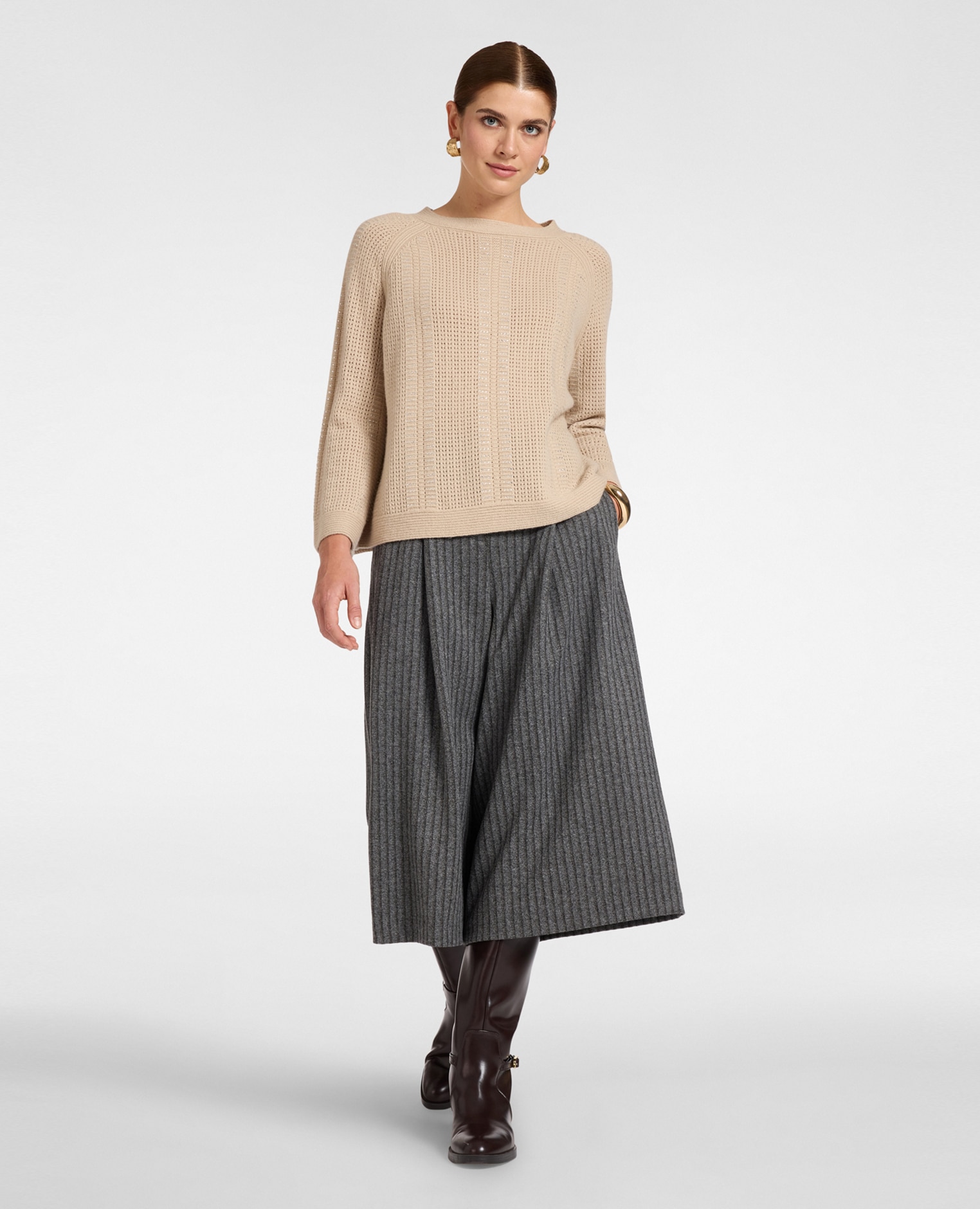 Jersey de mujer de mezcla de lana calado con cuello barco ajuste boxy largo medio - Elena Miró - Beige Beige-3