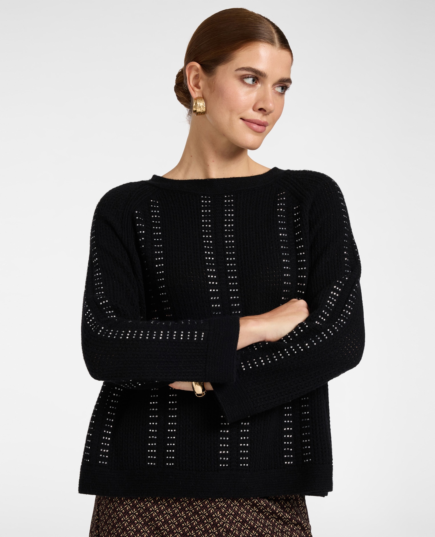 Jersey de mujer de mezcla de lana calado con cuello barco ajuste boxy largo medio - Elena Miró - Negro Negro-1