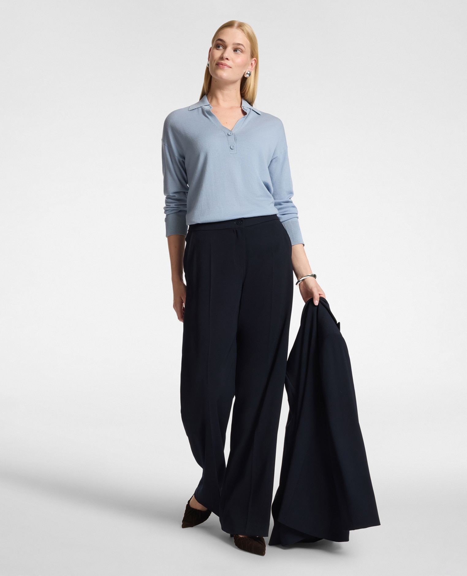 Polo de mujer de pura lana ajuste regular con cierre de botones - Elena Miró - Azul claro Azul claro-3