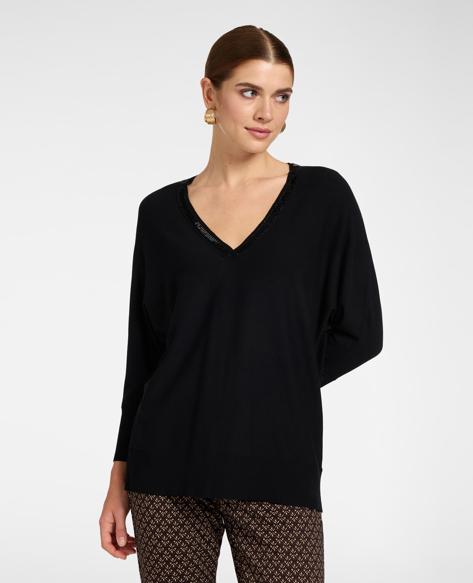 Jersey de mujer de cuello en pico con perlas largo medio ajuste suave - Elena Miró - Negro Negro-1