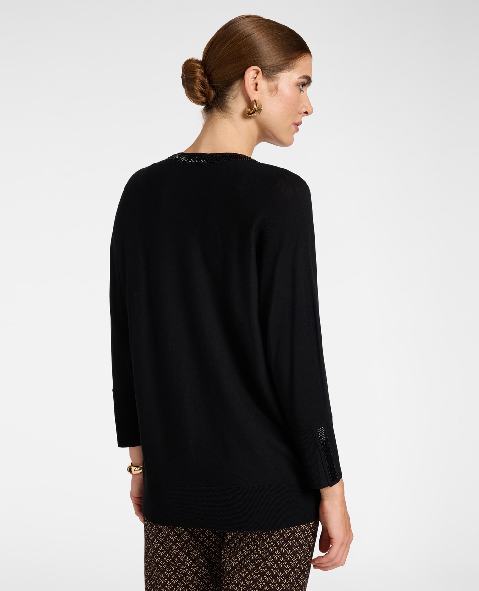 Jersey de mujer de cuello en pico con perlas largo medio ajuste suave - Elena Miró - Negro Negro-2