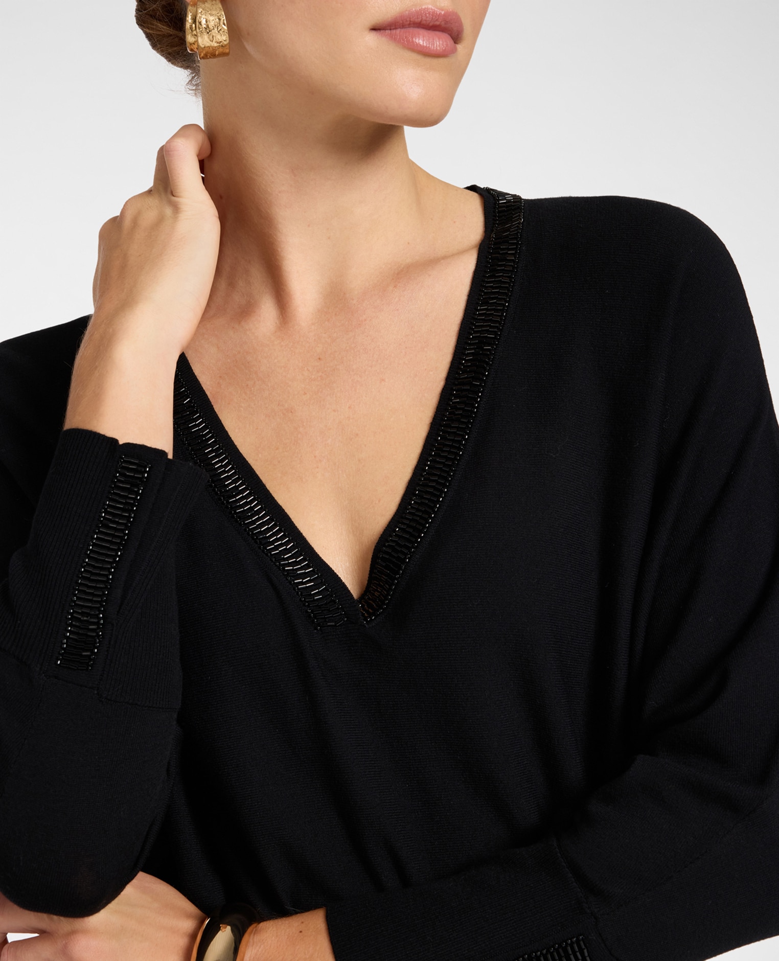 Jersey de mujer de cuello en pico con perlas largo medio ajuste suave - Elena Miró - Negro Negro-4