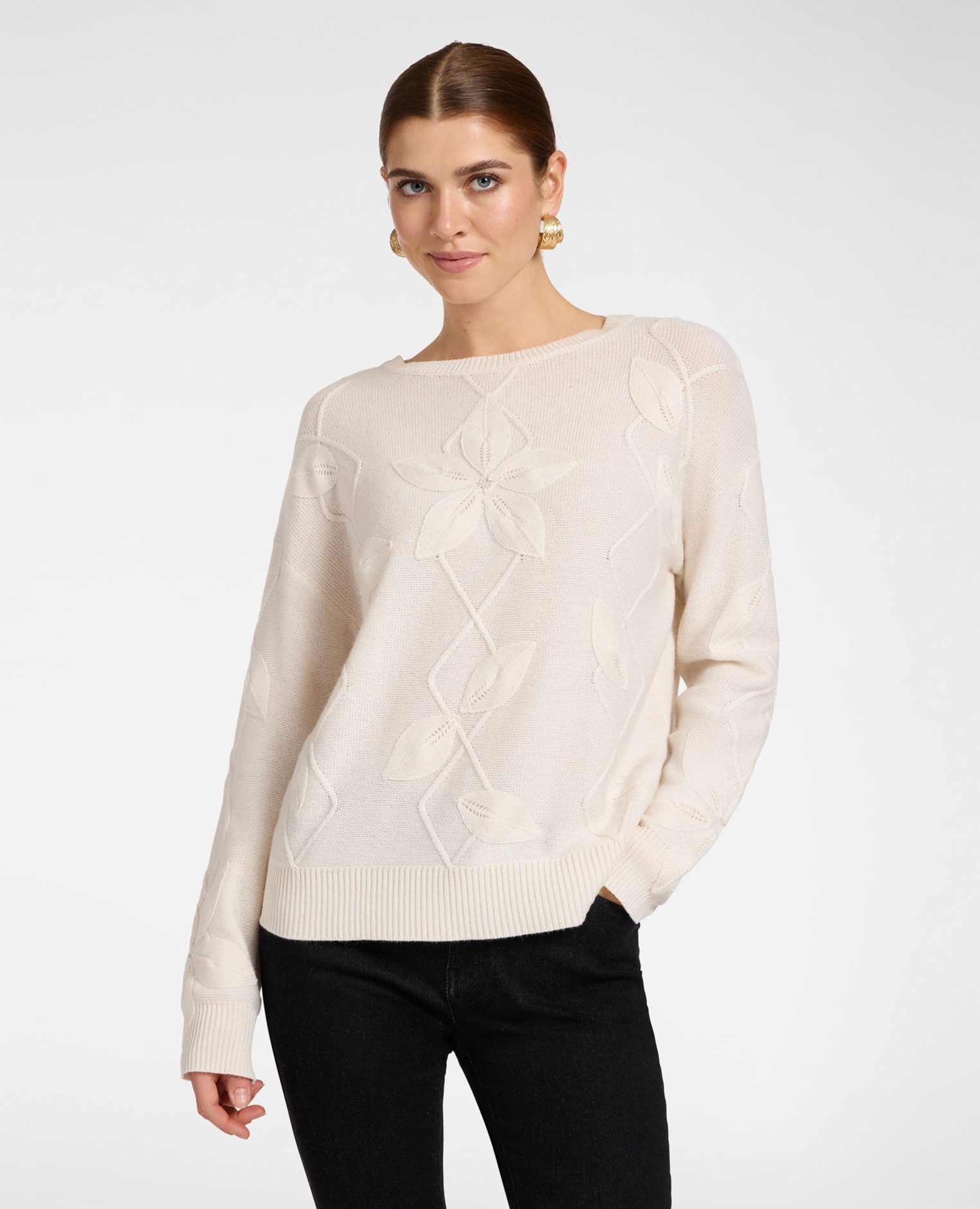 Jersey de mujer de mezcla de cachemir con labor floral modelo regular con largo medio y cuello redondo - Elena Miró - Beige Beige-1