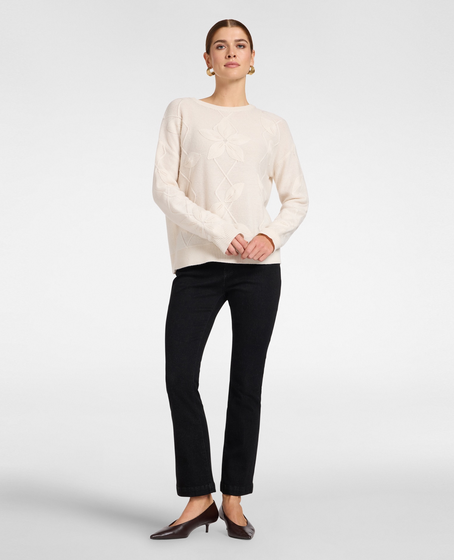 Jersey de mujer de mezcla de cachemir con labor floral modelo regular con largo medio y cuello redondo - Elena Miró - Beige Beige-3