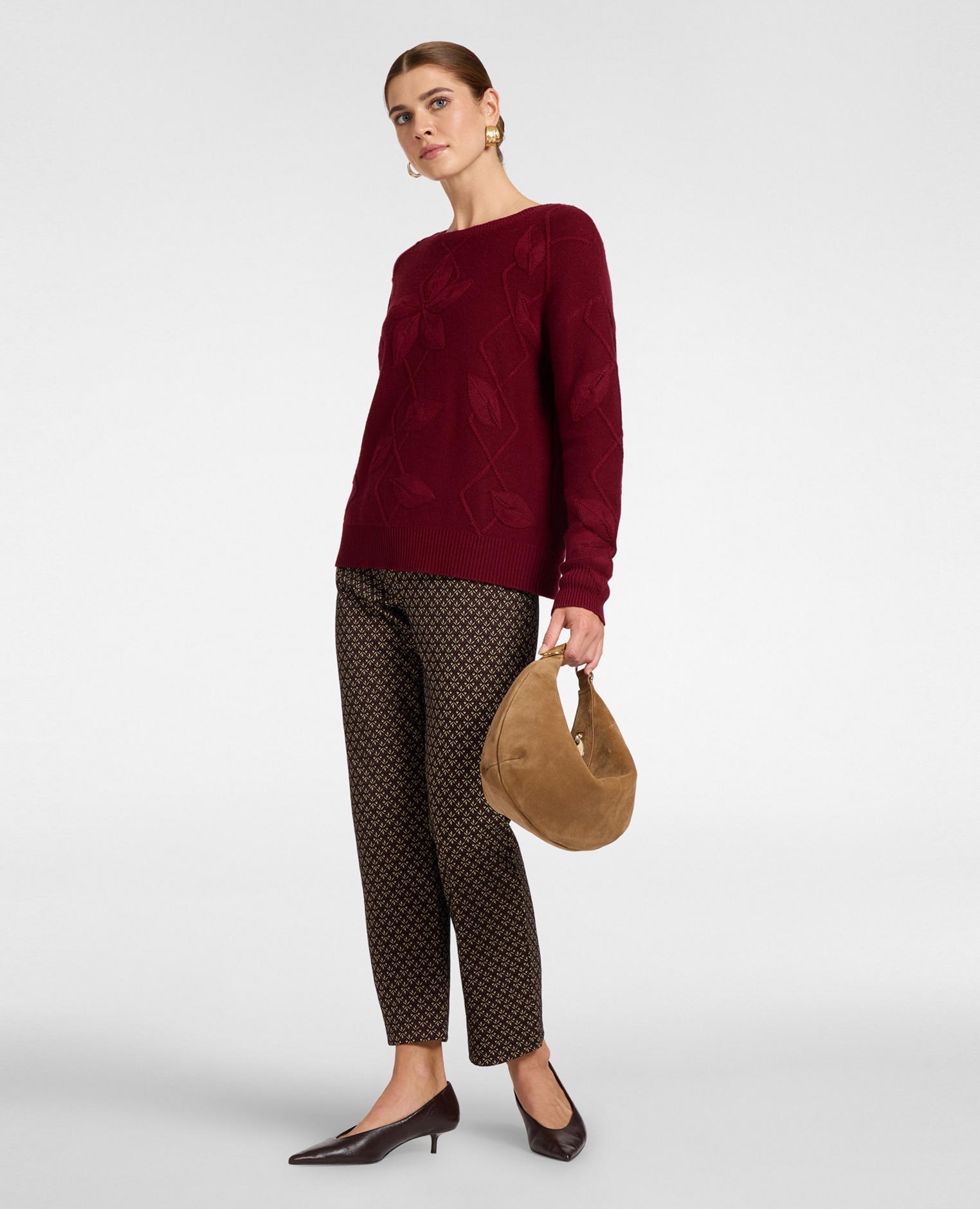 Jersey de mujer de mezcla de cachemir con labor floral modelo regular con largo medio y cuello redondo - Elena Miró - Burdeos Burdeos-3