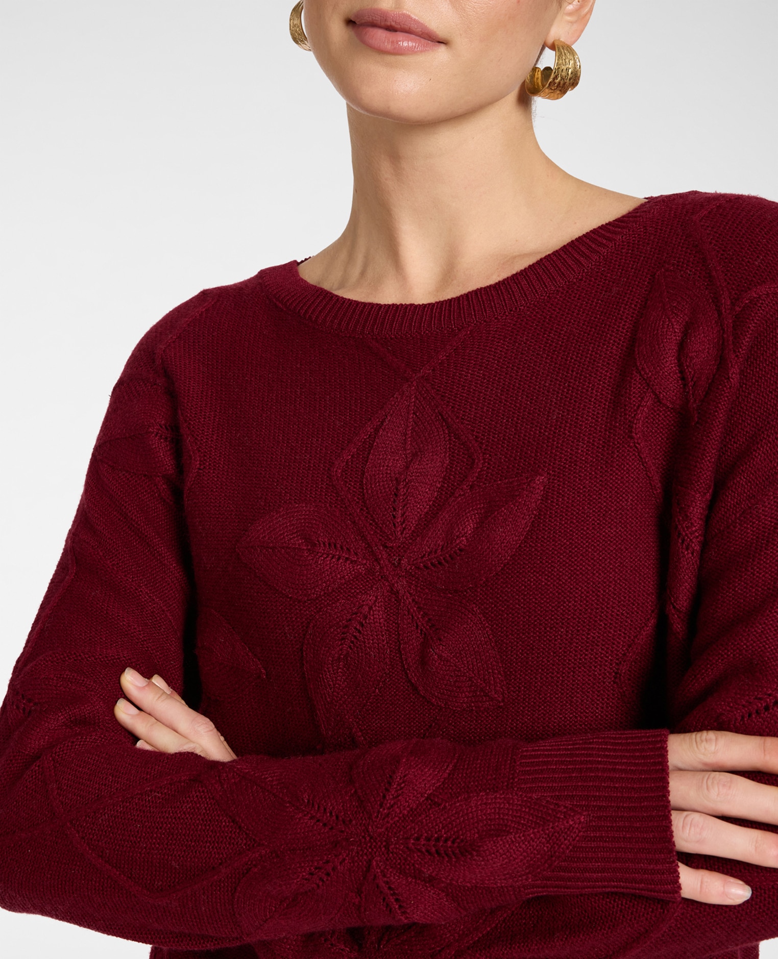 Jersey de mujer de mezcla de cachemir con labor floral modelo regular con largo medio y cuello redondo - Elena Miró - Burdeos Burdeos-4