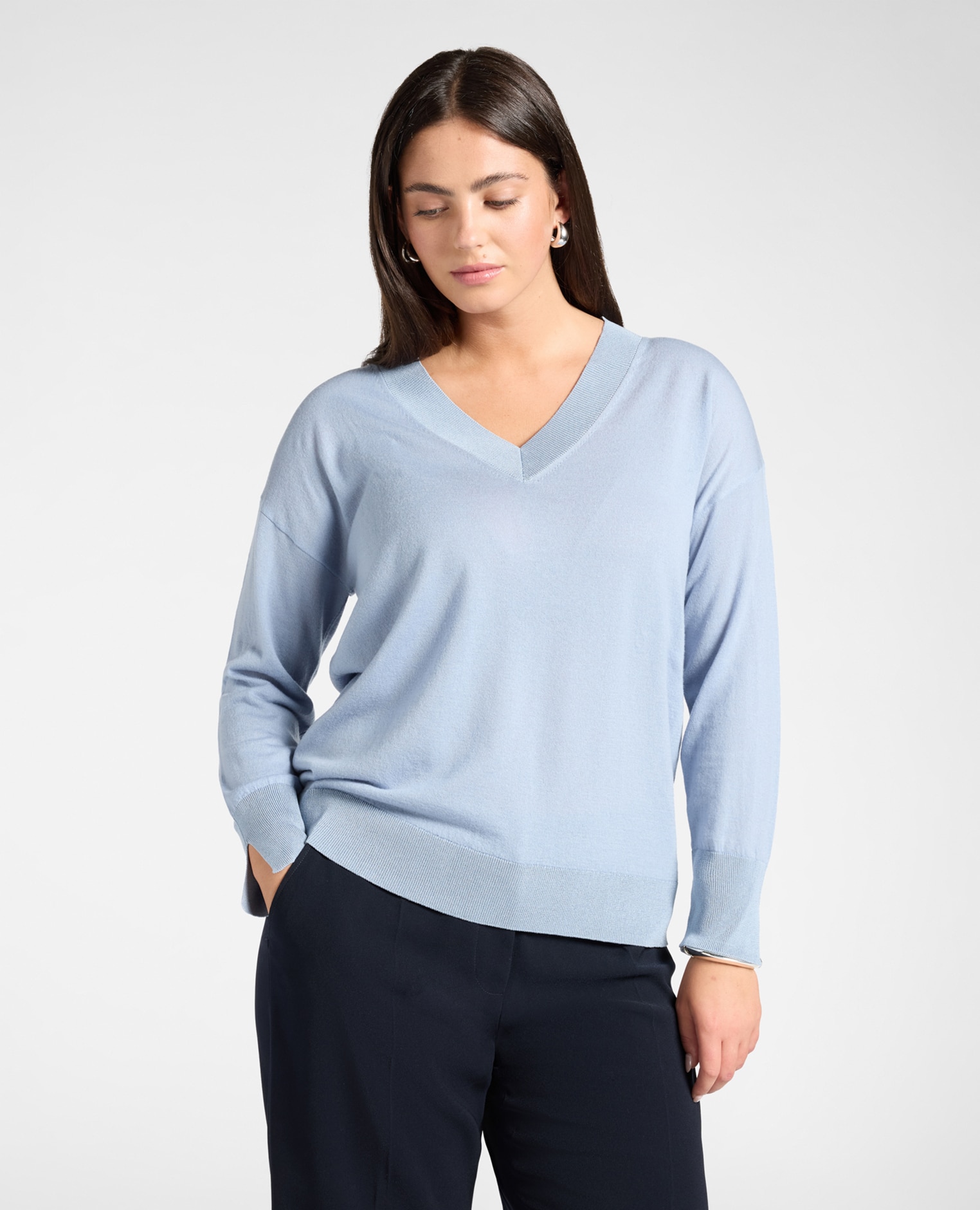 Jersey de mujer de cuello en v de pura lana ajuste regular y longitud media - Elena Miró - Azul claro Azul claro-1