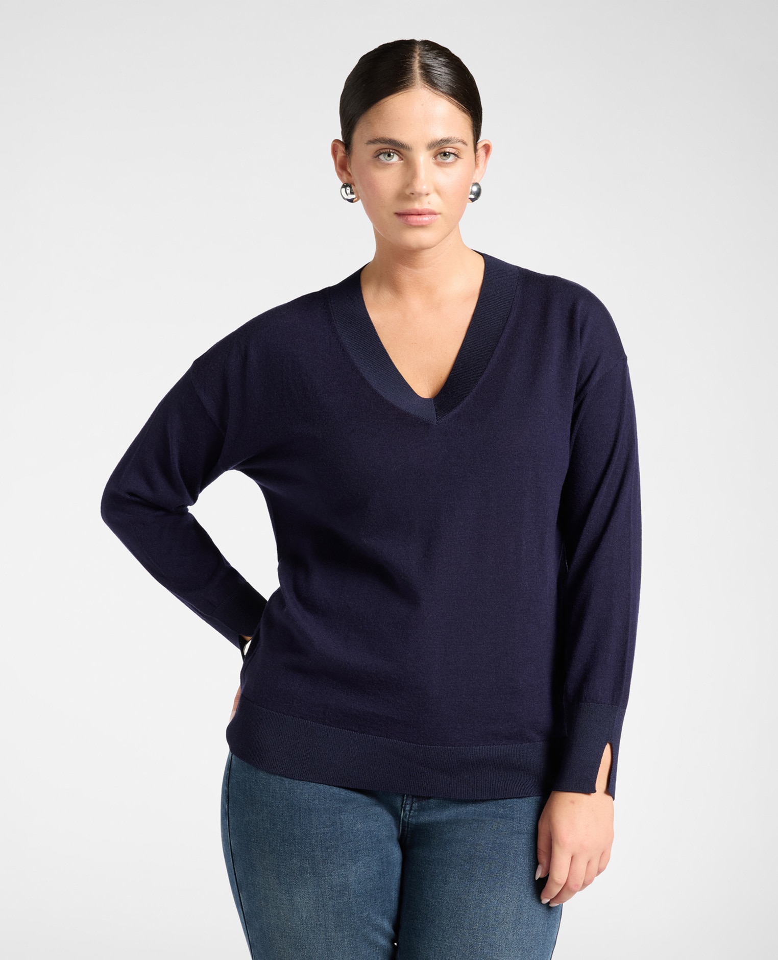 Jersey de mujer de cuello en v de pura lana ajuste regular y longitud media - Elena Miró - Azul Azul-1