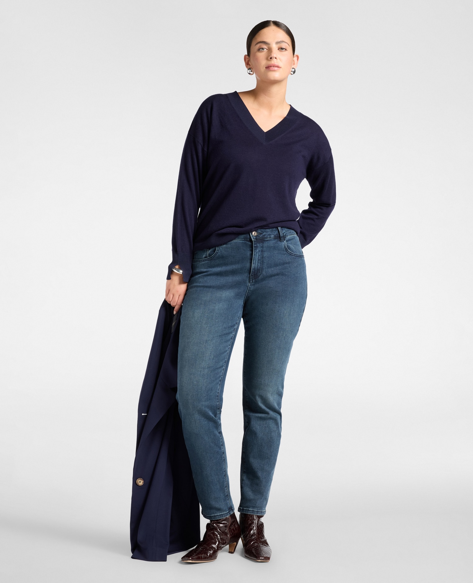 Jersey de mujer de cuello en v de pura lana ajuste regular y longitud media - Elena Miró - Azul Azul-3