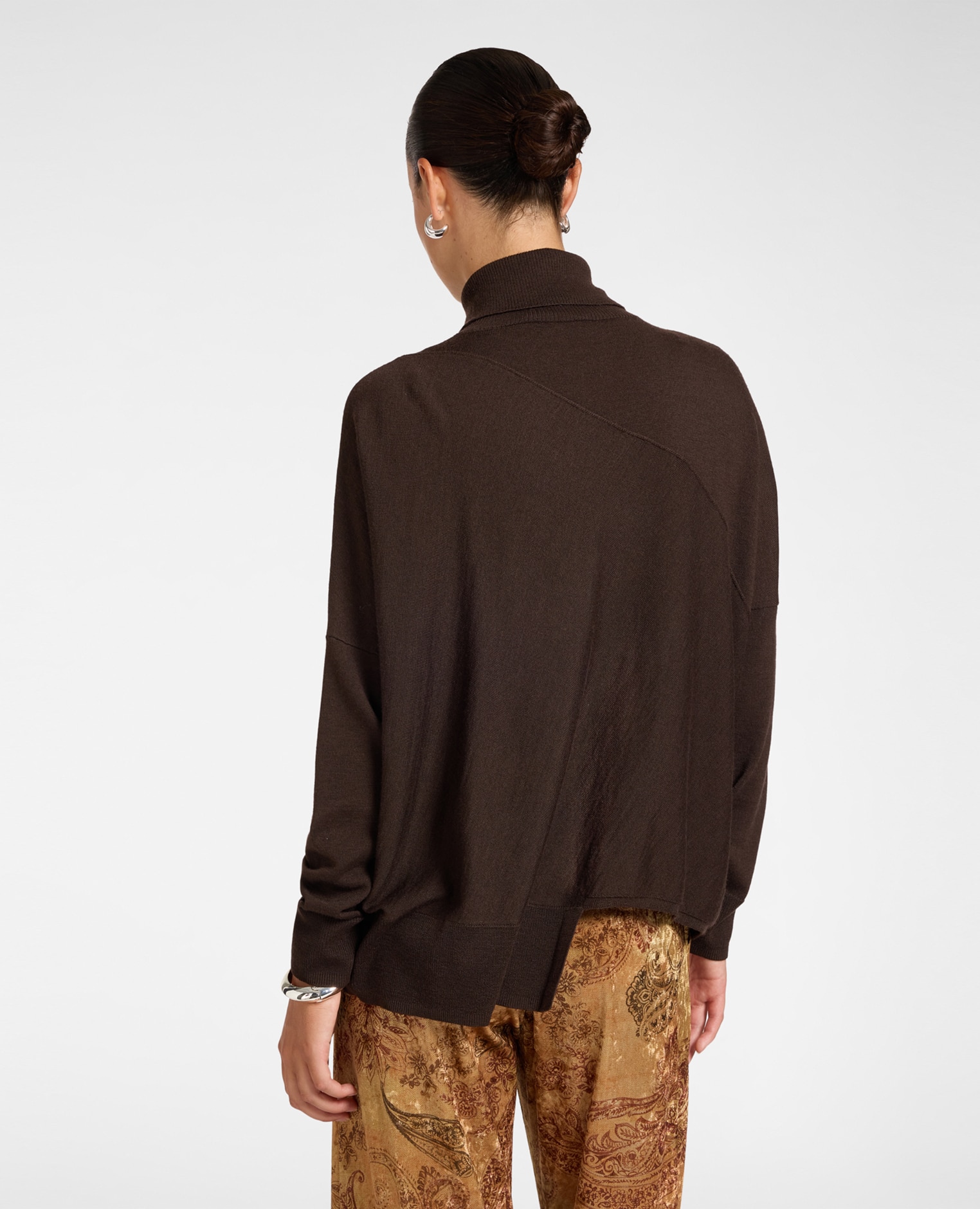 Jersey de mujer de cuello alto en lana con bajo asimétrico ajuste oversize largo medio - Elena Miró - Marrón Marrón-2
