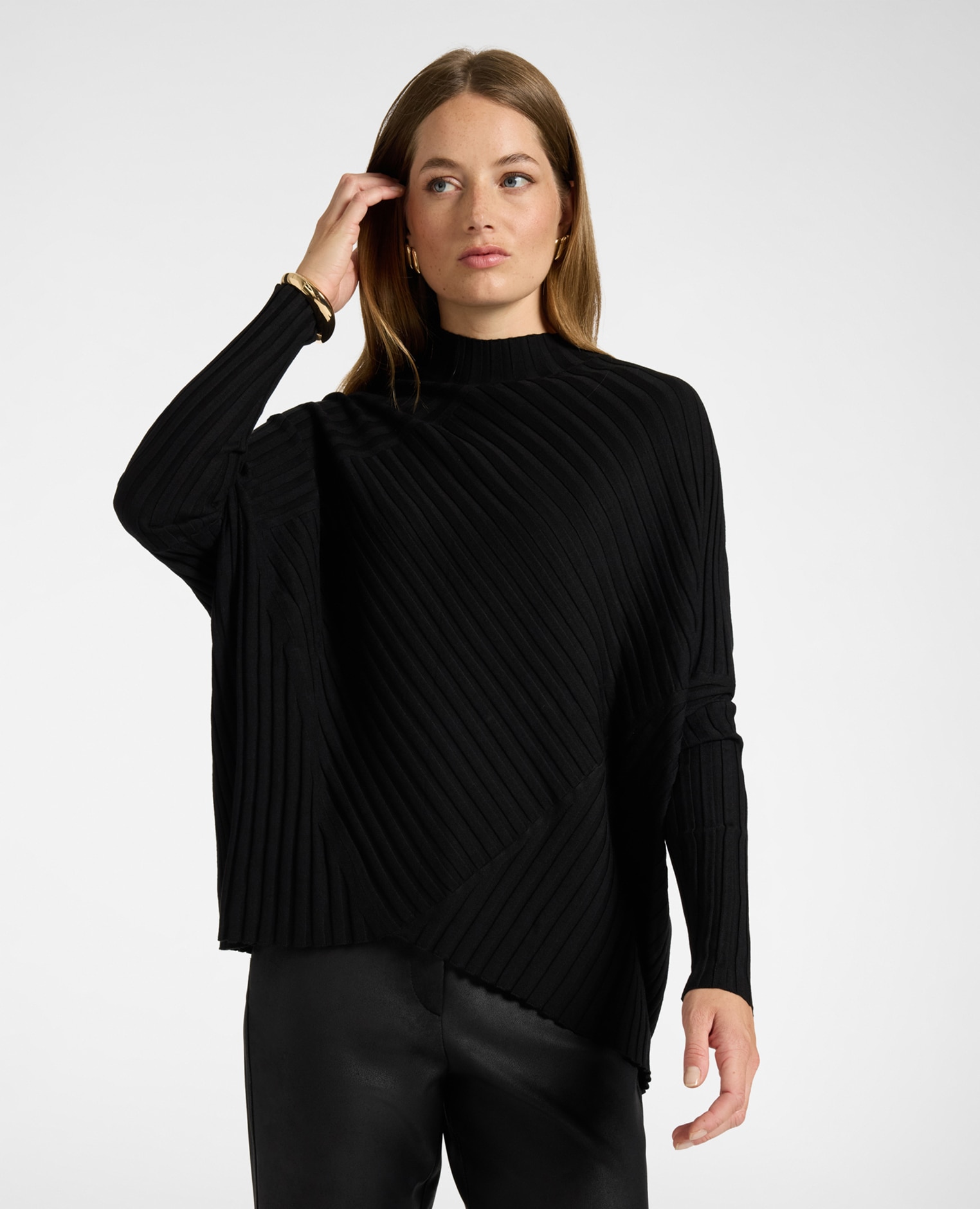 Jersey de mujer amplio con mezcla de canalés ajuste kimono largo medio - Elena Miró - Negro Negro-1