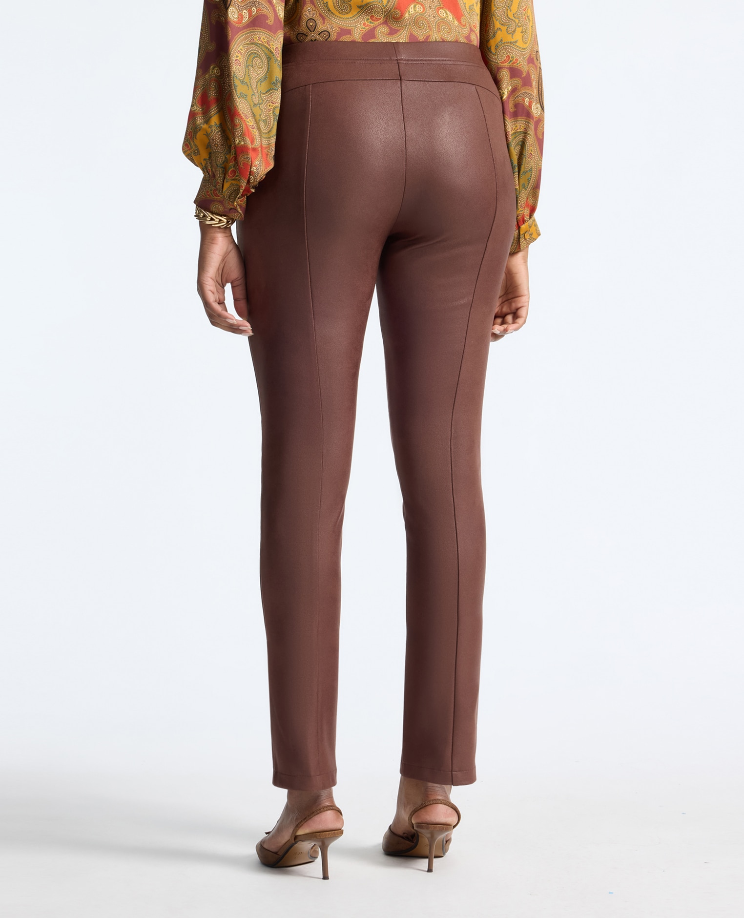 Pantalones de mujer slim en tejido revestido ajuste regular cierre con banda elástica en la cintura - Elena Miró - Marrón Marrón-2