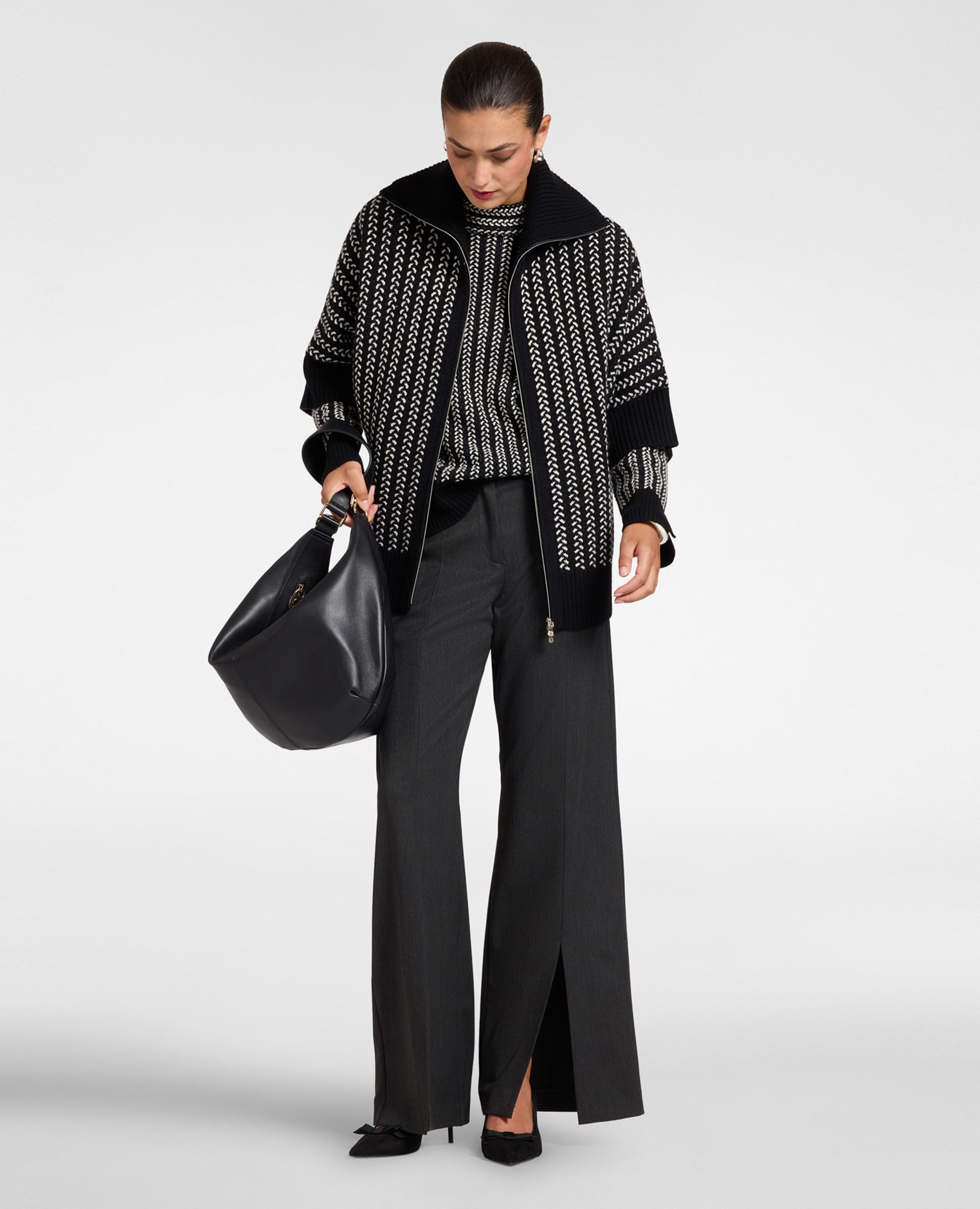Pantalones de mujer flare de flanela con aberturas ajuste regular cierre con botón y cremallera - Elena Miró - Gris Gris-1