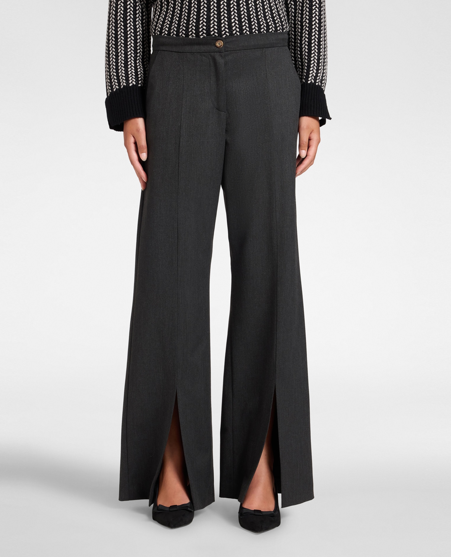 Pantalones de mujer flare de flanela con aberturas ajuste regular cierre con botón y cremallera - Elena Miró - Gris Gris-3