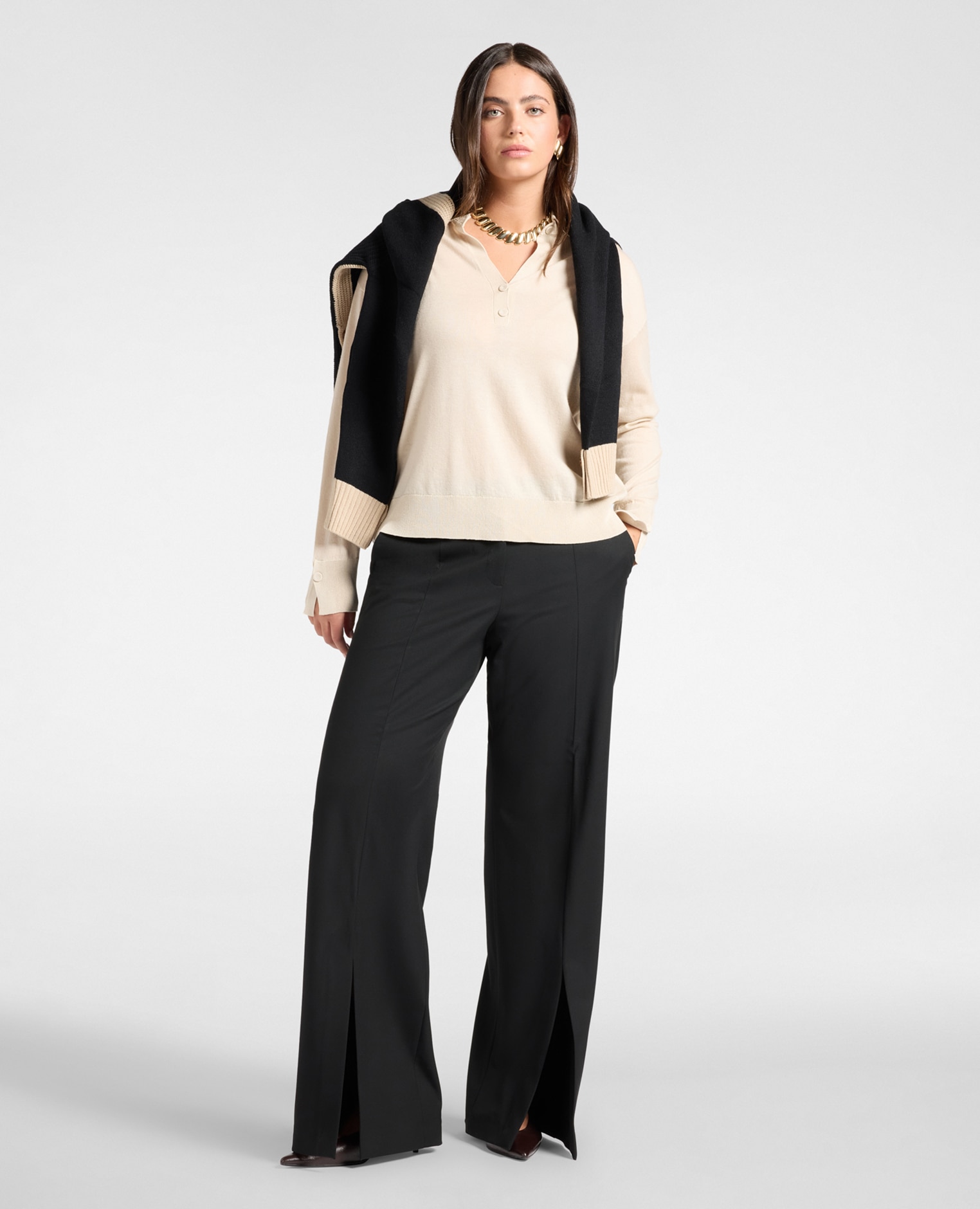 Pantalones de mujer flare de flanela con aberturas ajuste regular cierre con botón y cremallera - Elena Miró - Negro Negro-1