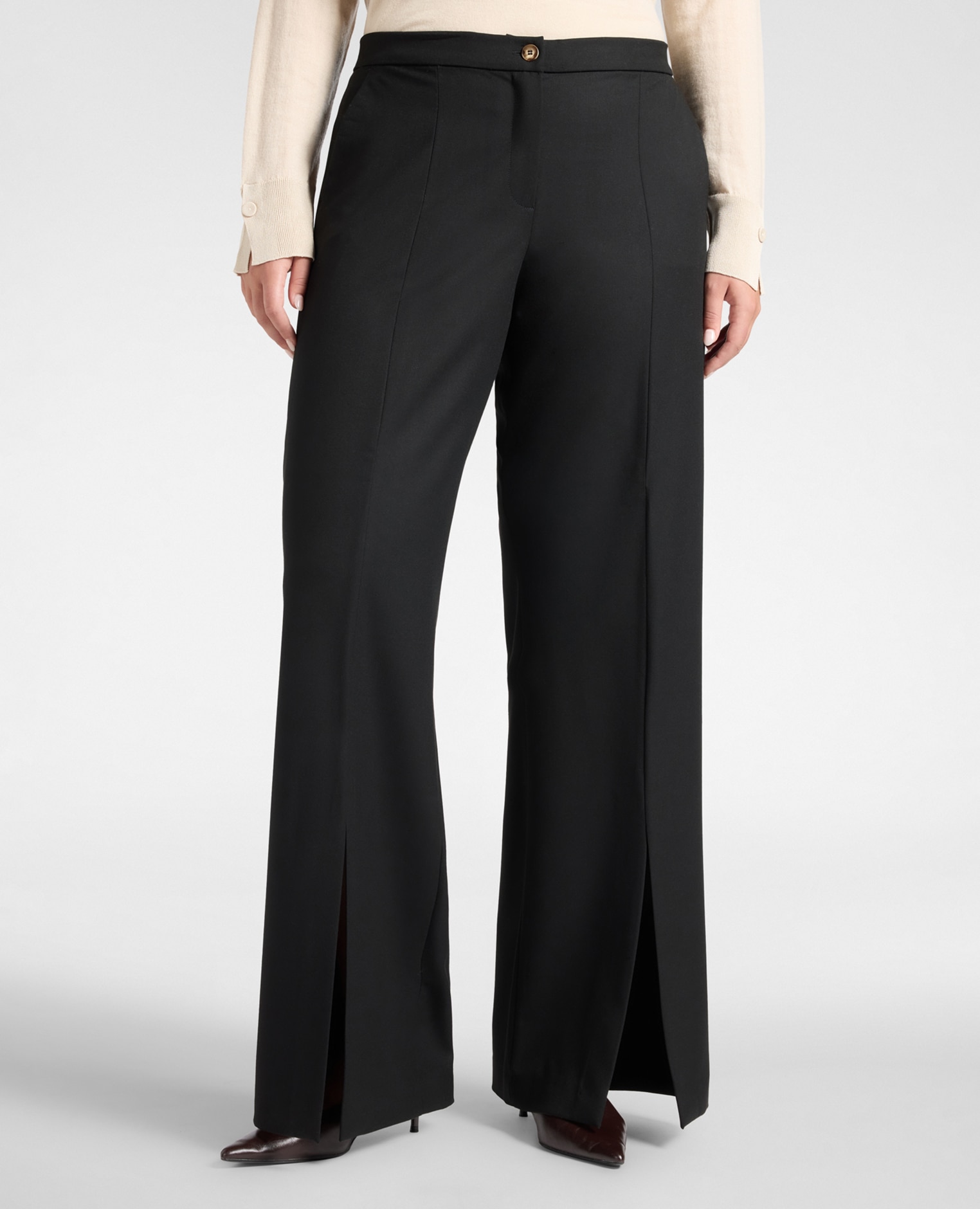 Pantalones de mujer flare de flanela con aberturas ajuste regular cierre con botón y cremallera - Elena Miró - Negro Negro-3