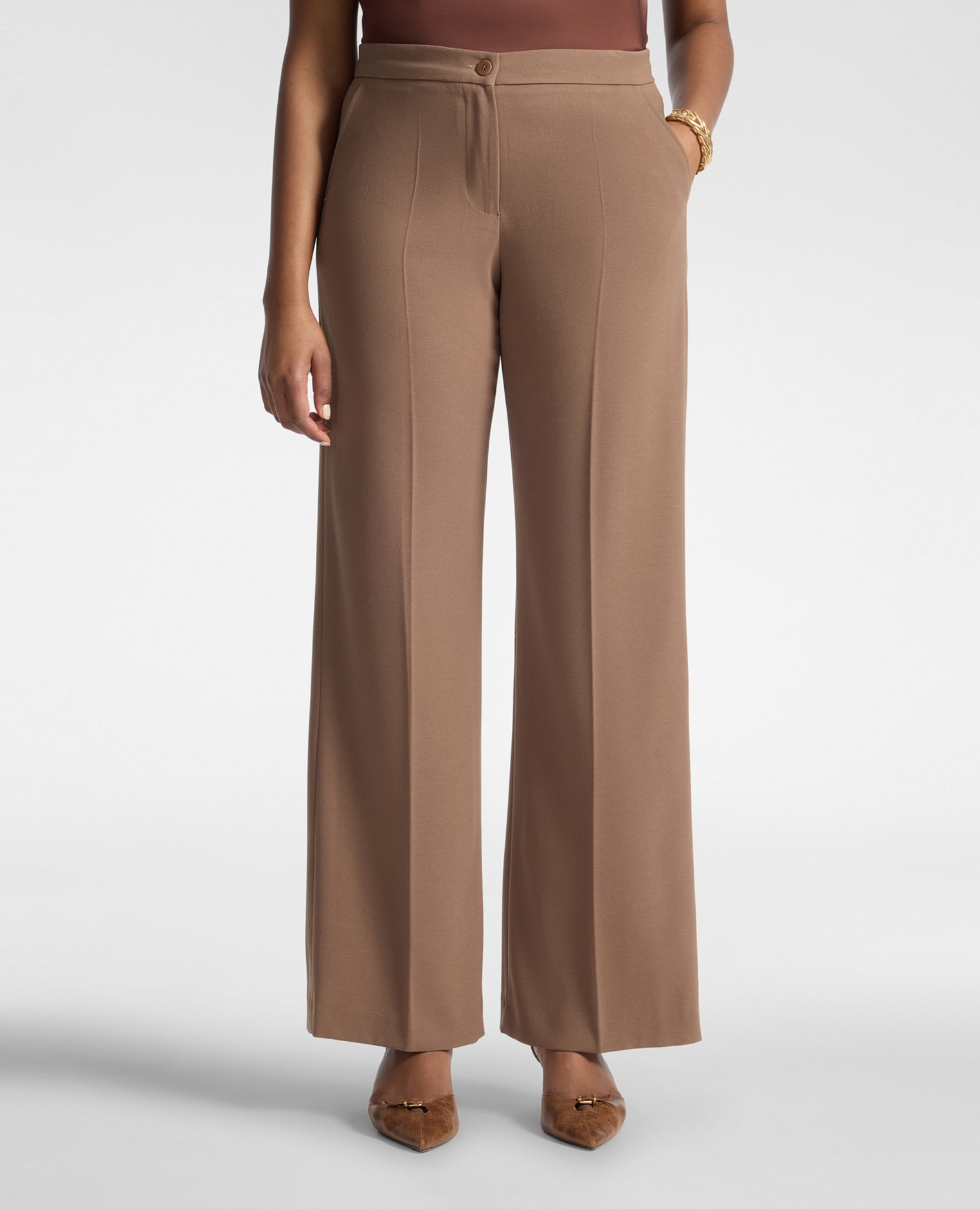 Pantalones de mujer palazzo de crepé mezcla de algodón ajuste regular cierre con botón y cremallera - Elena Miró - Beige Beige-3